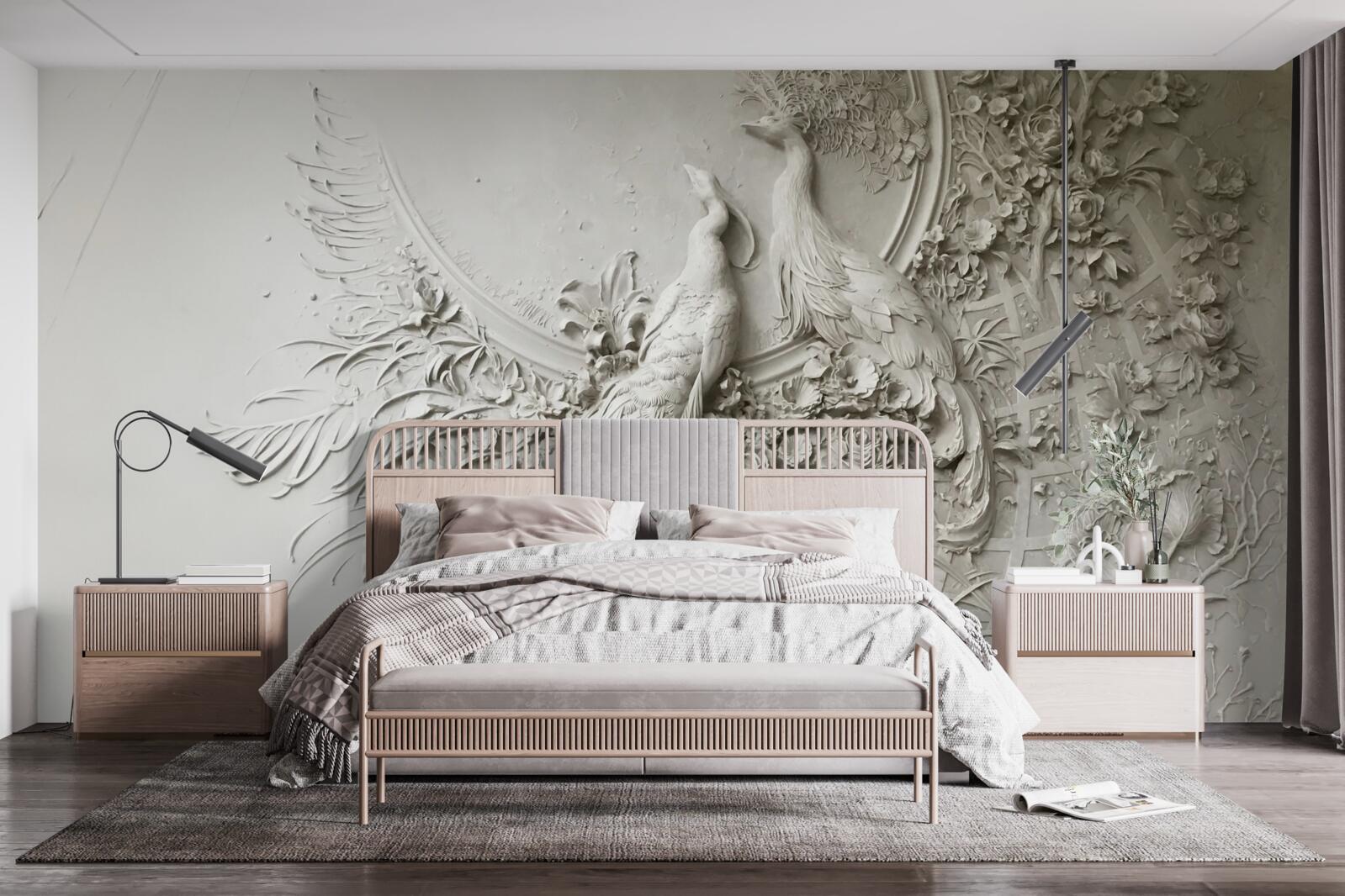 Papier peint famille de paons en pleine floraison dans un arbre