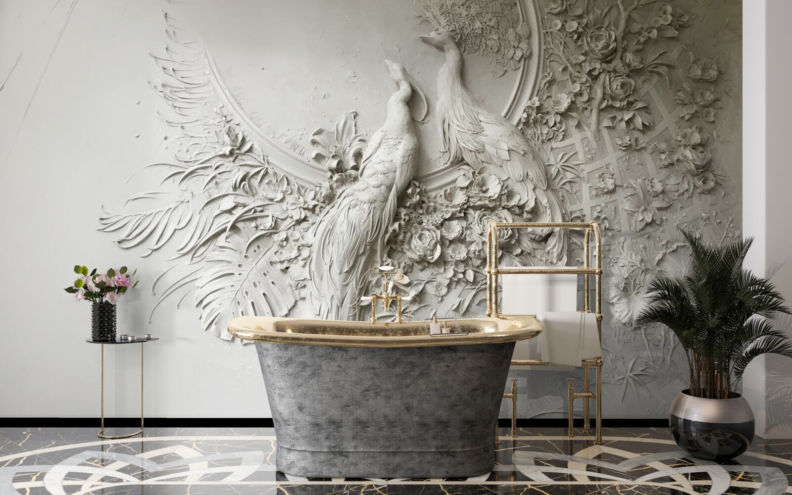 Papier peint famille de paons en pleine floraison dans un arbre