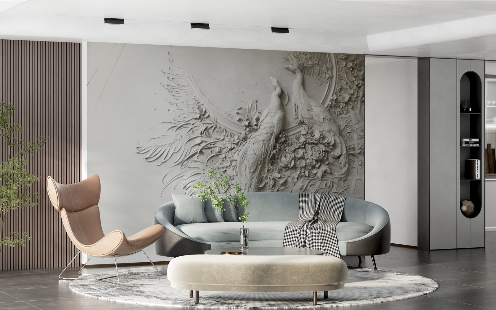 Papier peint famille de paons en pleine floraison dans un arbre