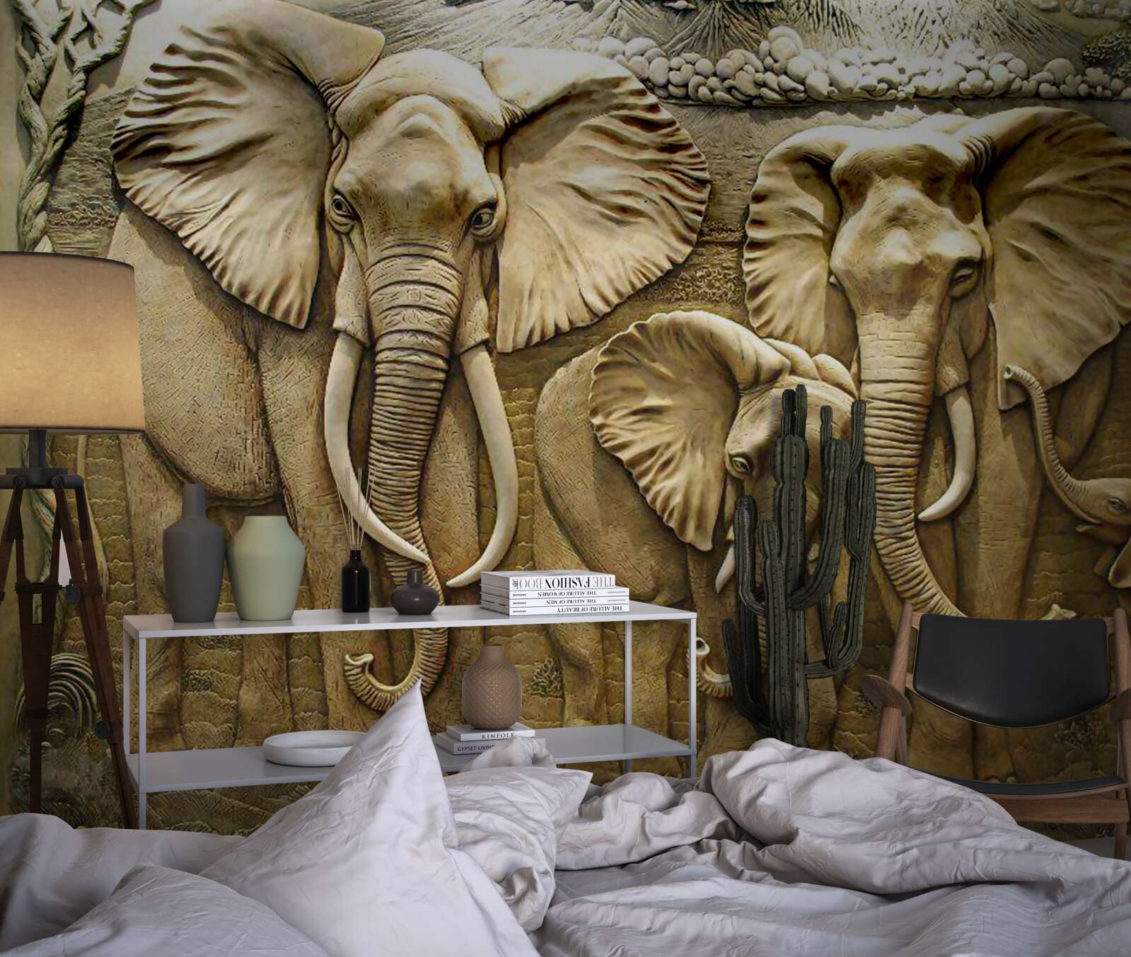 Papier peint famille d'éléphants en sculpture