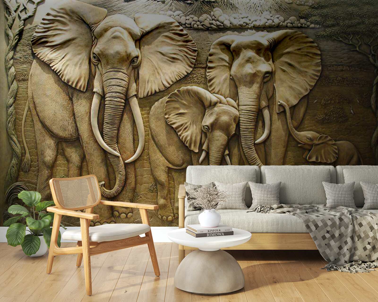 Papier peint famille d'éléphants en sculpture