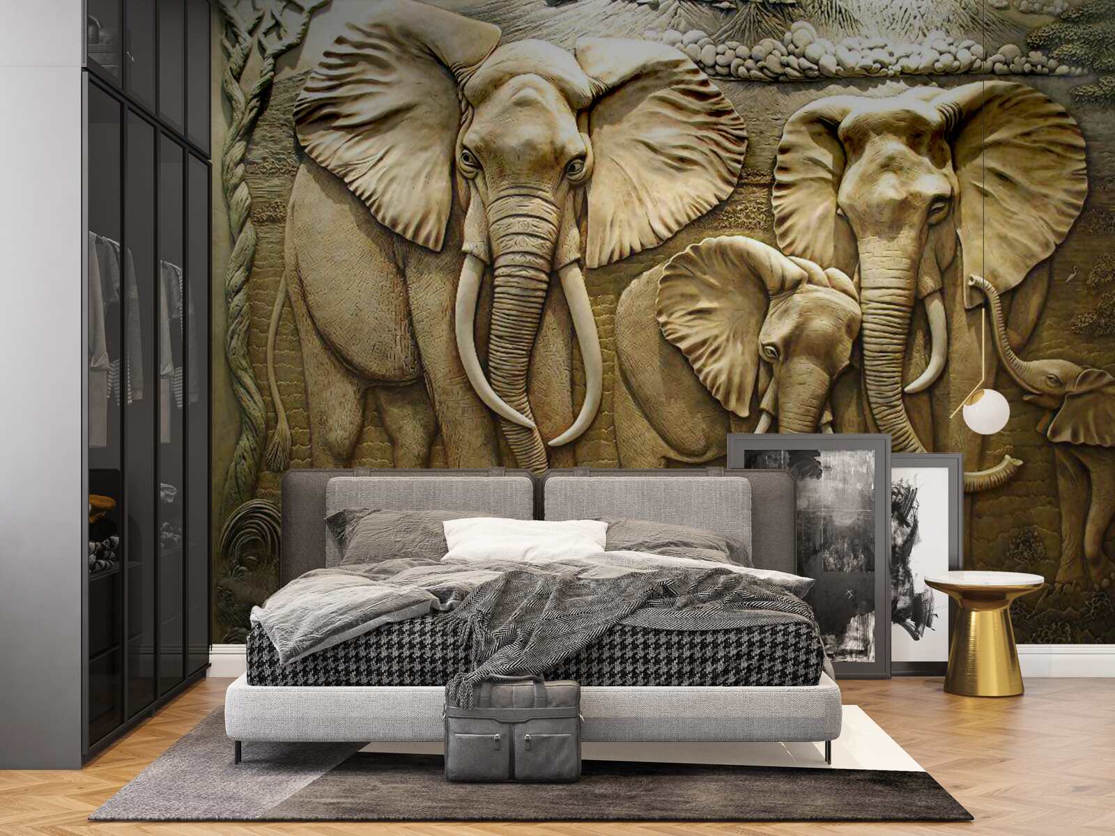 Papier peint famille d'éléphants en sculpture