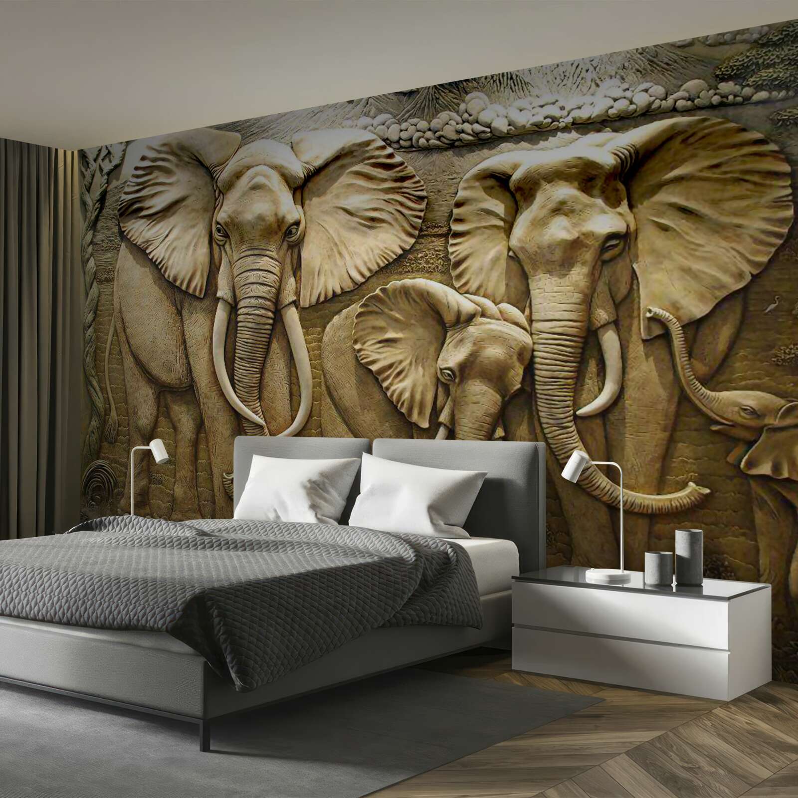 Papier peint famille d'éléphants en sculpture