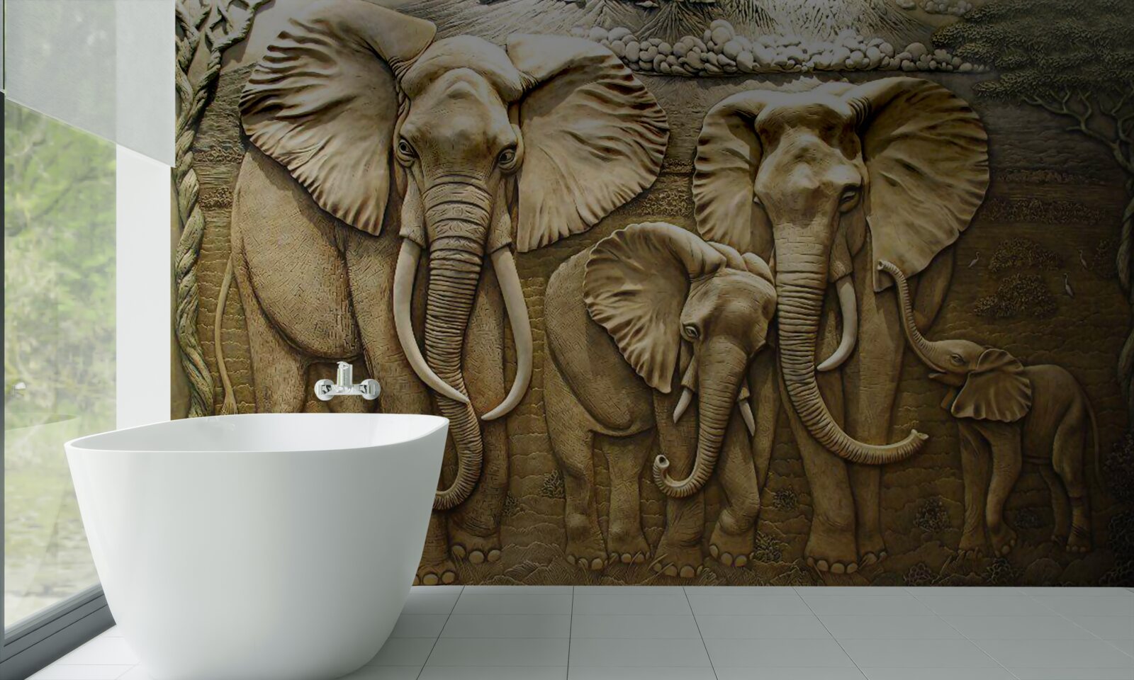 Papier peint famille d'éléphants en sculpture