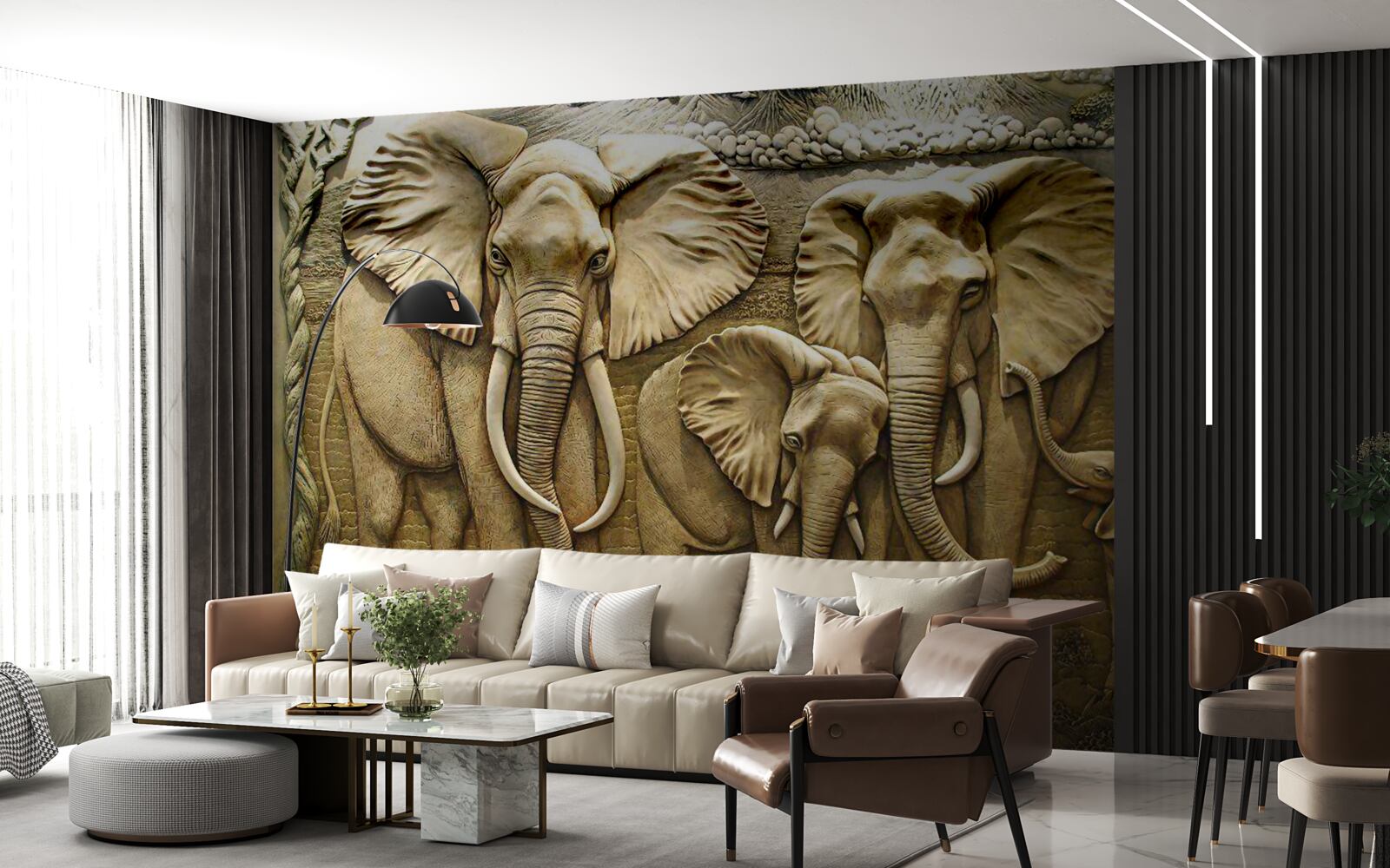 Papier peint famille d'éléphants en sculpture