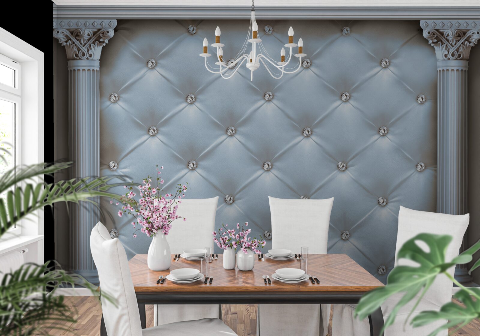 Papier peint L'arche est décorée d'un tissu d'ameublement bleu.