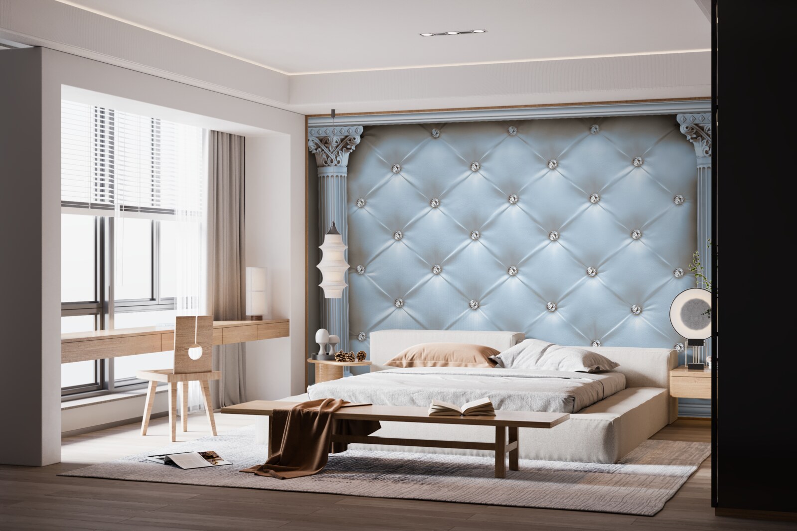 Papier peint L'arche est décorée d'un tissu d'ameublement bleu.