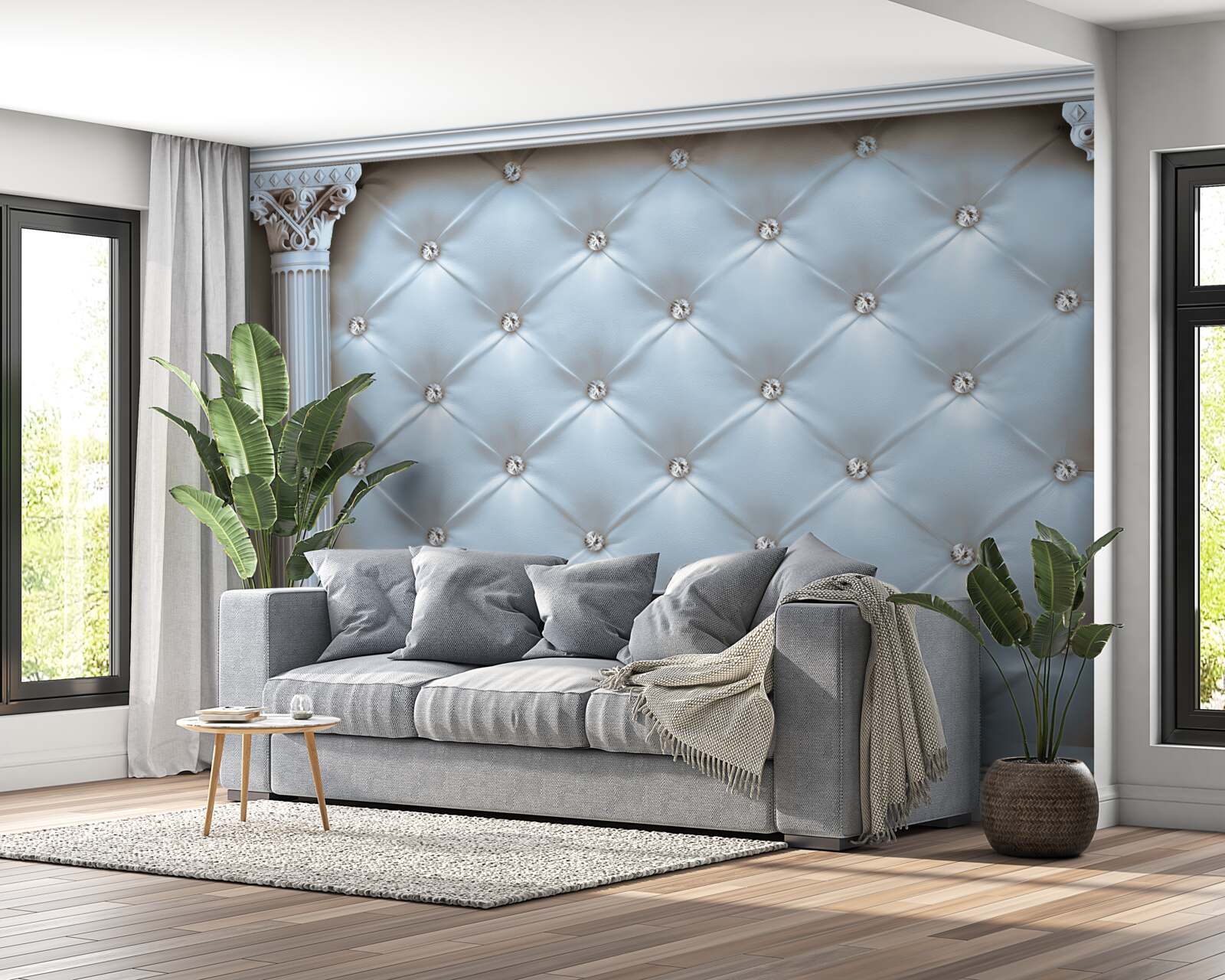 Papier peint L'arche est décorée d'un tissu d'ameublement bleu.