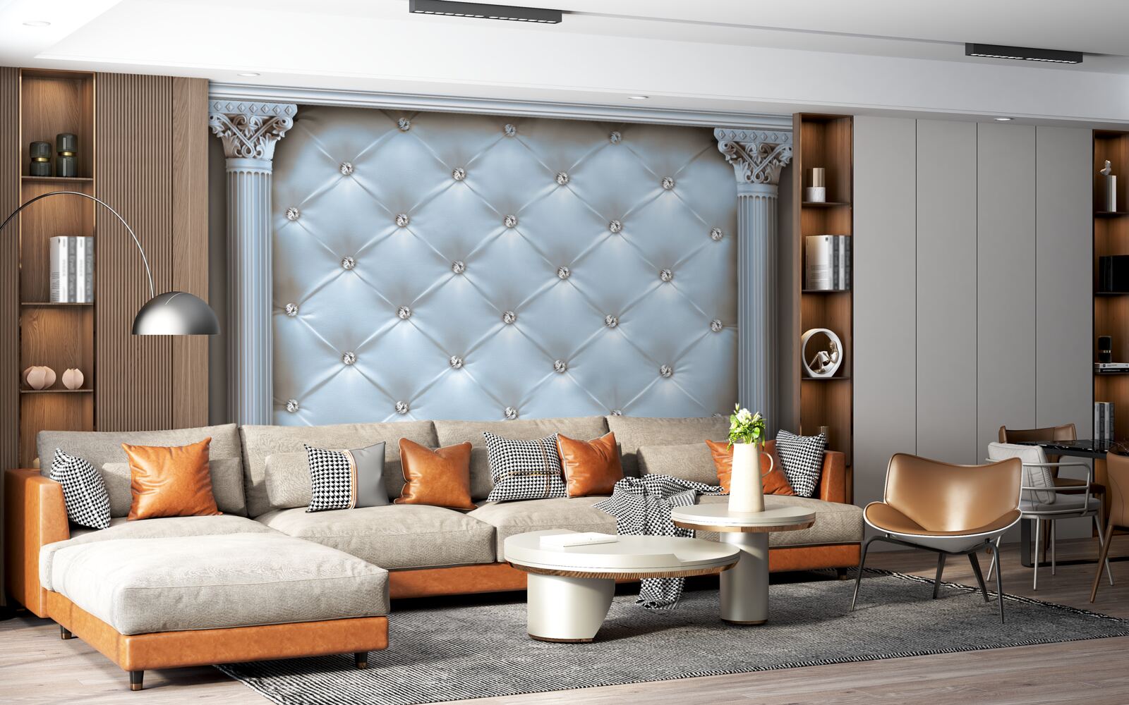 Papier peint L'arche est décorée d'un tissu d'ameublement bleu.