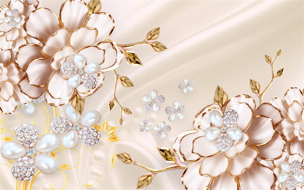 Papier peint fleurs avec brocart de diamants d'or