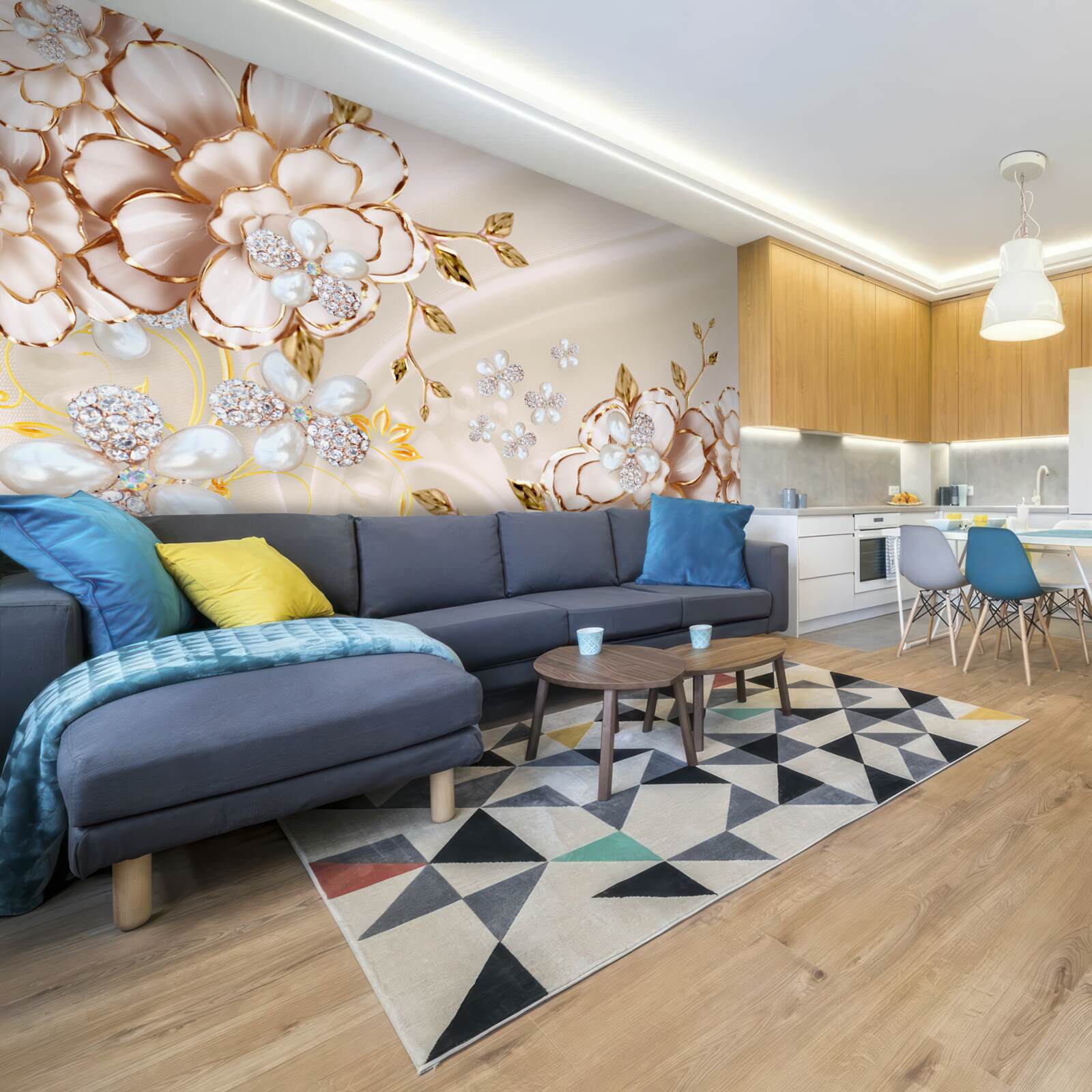 Papier peint fleurs avec brocart de diamants d'or