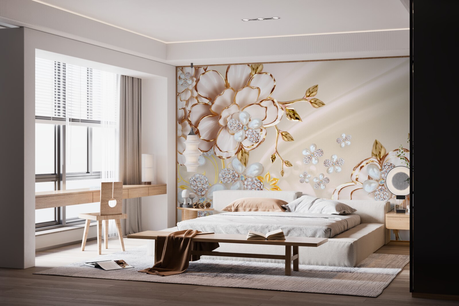 Papier peint fleurs avec brocart de diamants d'or