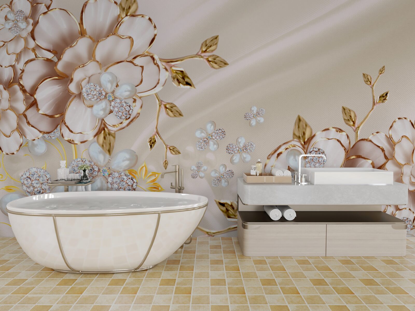 Papier peint fleurs avec brocart de diamants d'or