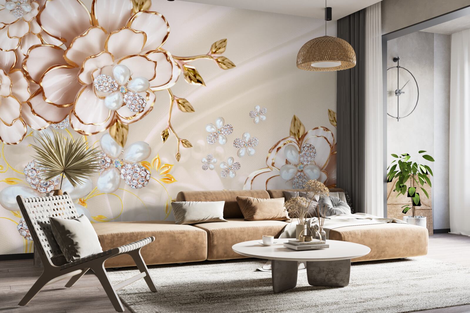 Papier peint fleurs avec brocart de diamants d'or