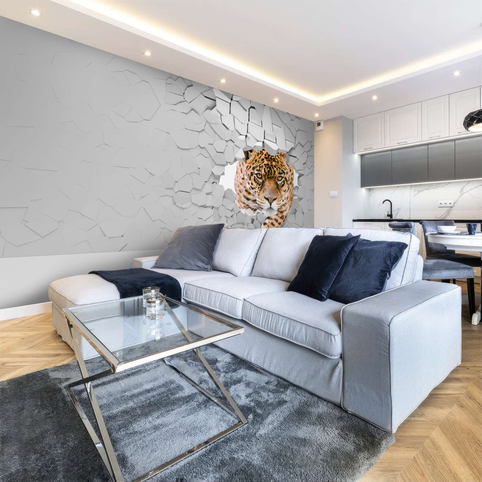 Papier peint un léopard franchit une barrière de pierre