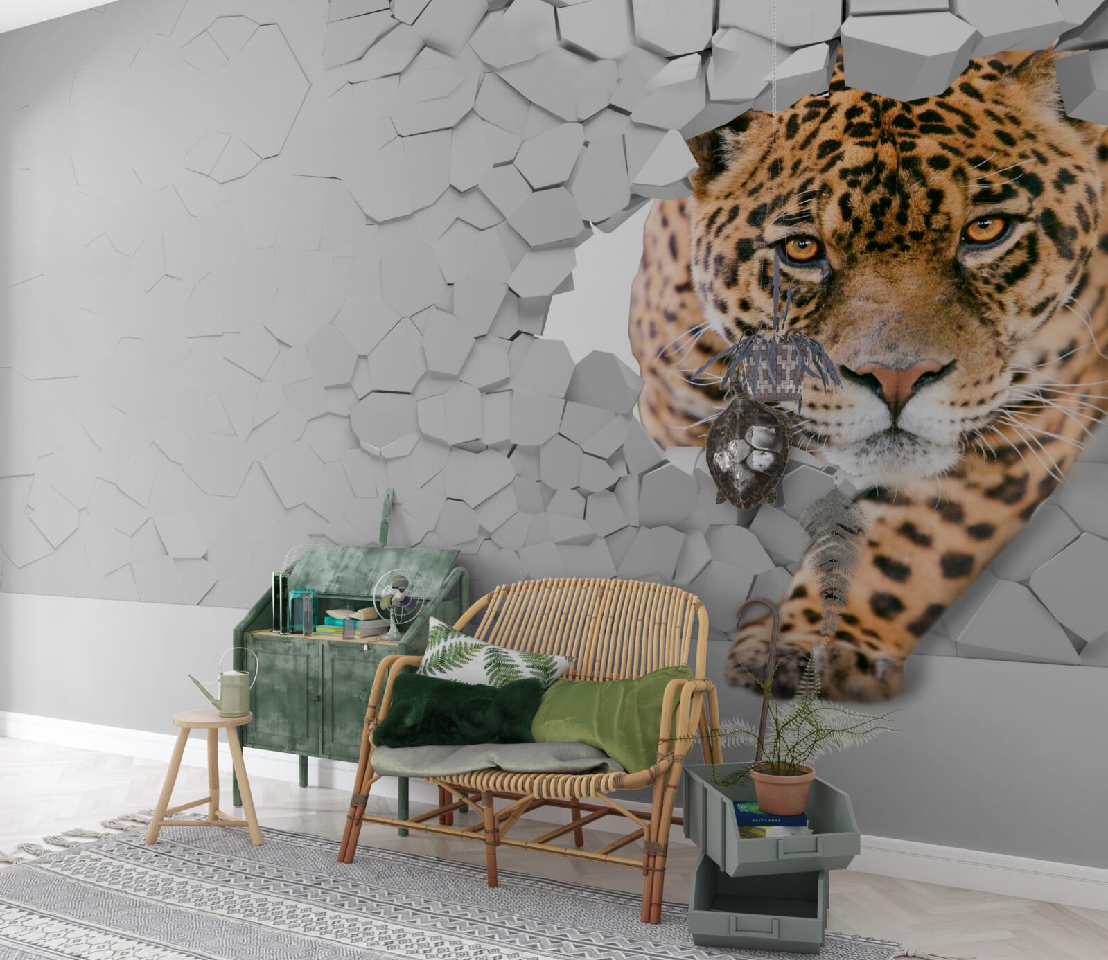 Papier peint un léopard franchit une barrière de pierre