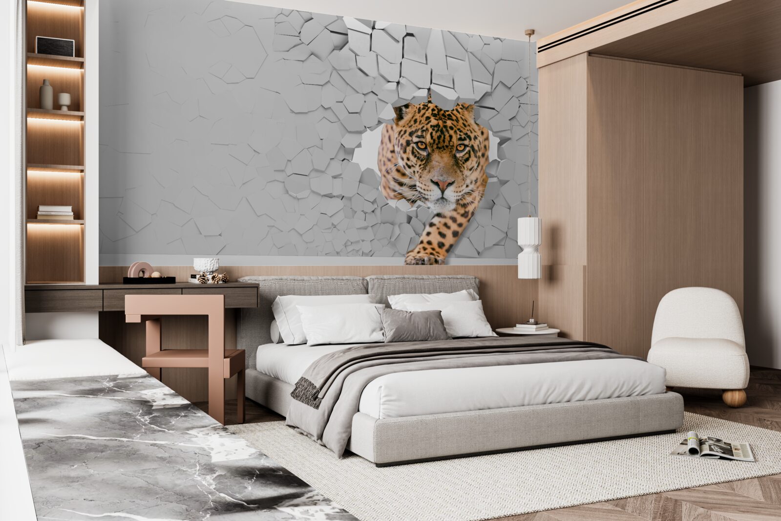 Papier peint un léopard franchit une barrière de pierre