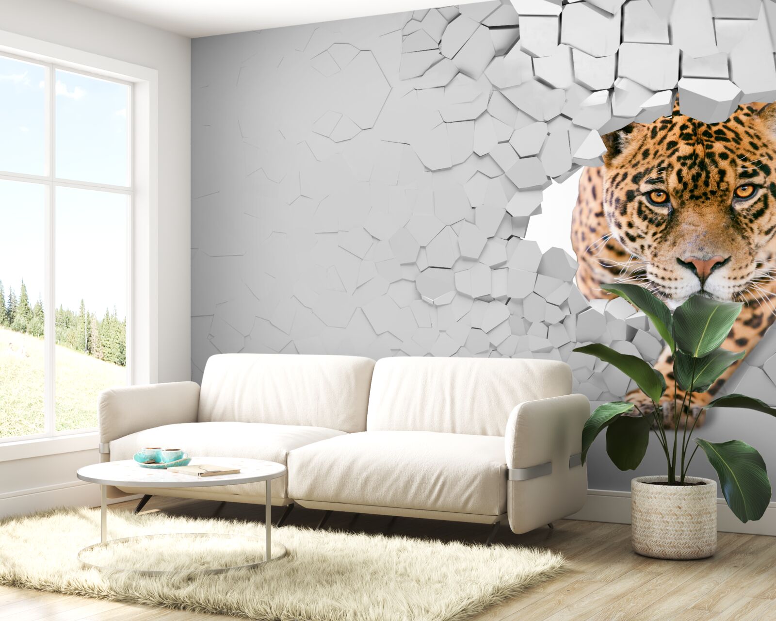 Papier peint un léopard franchit une barrière de pierre
