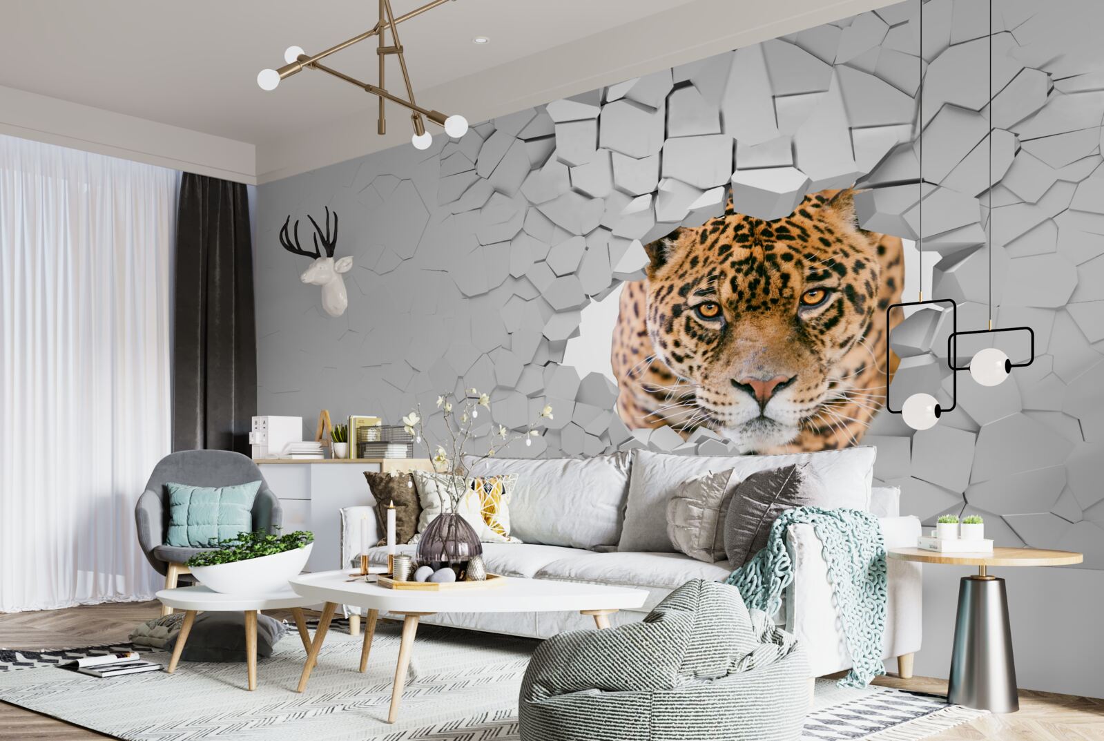 Papier peint un léopard franchit une barrière de pierre