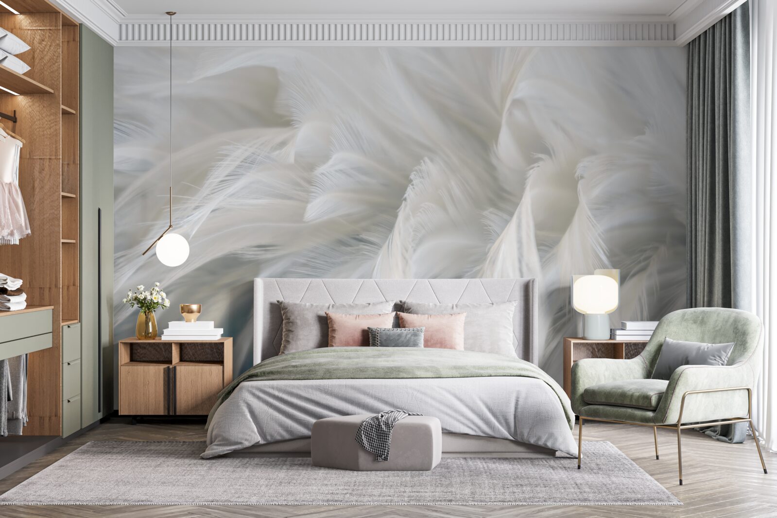 Papier peint doux bouquet de plumes blanches comme neige