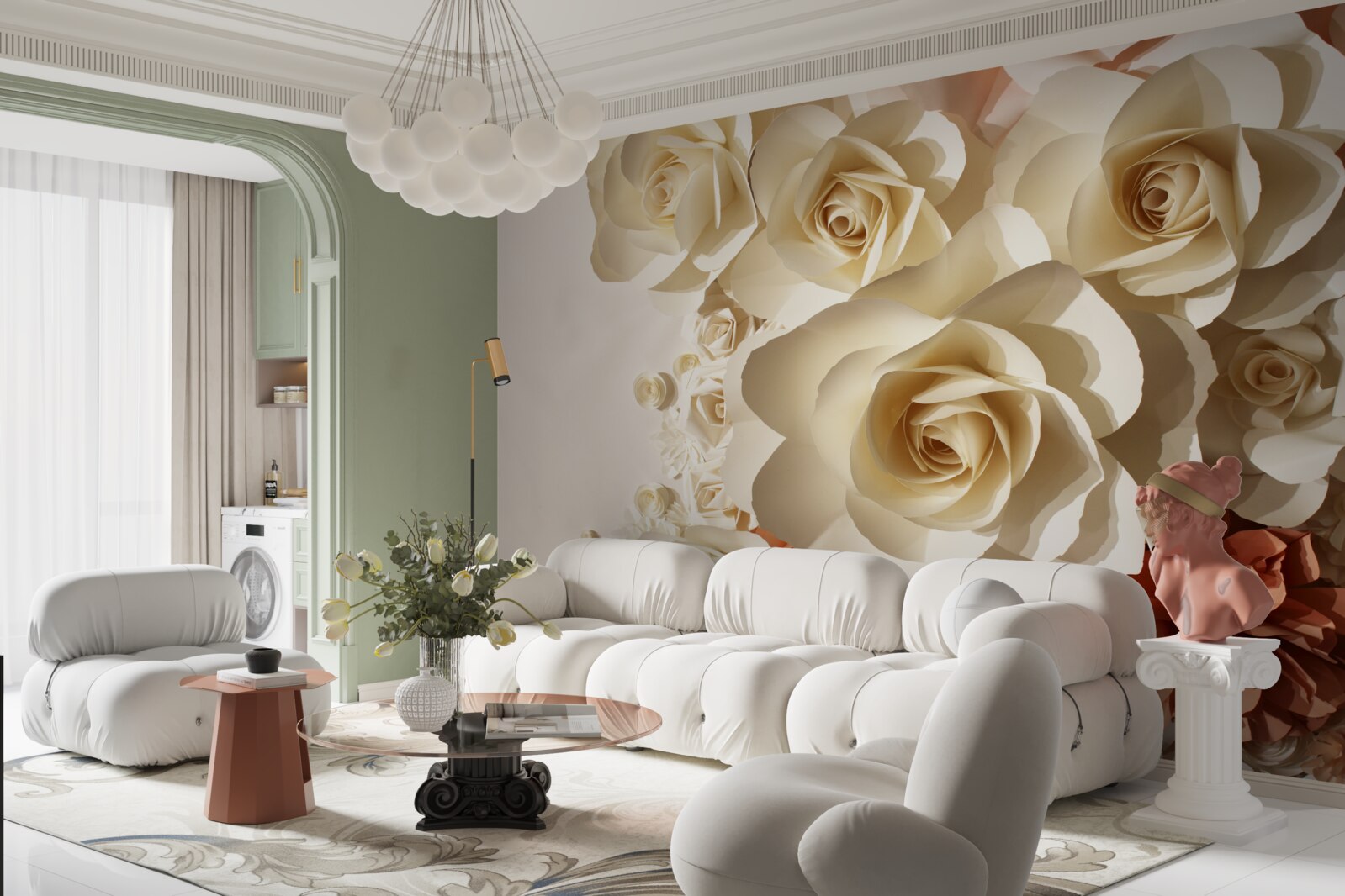 Papier peint énormes roses blanches