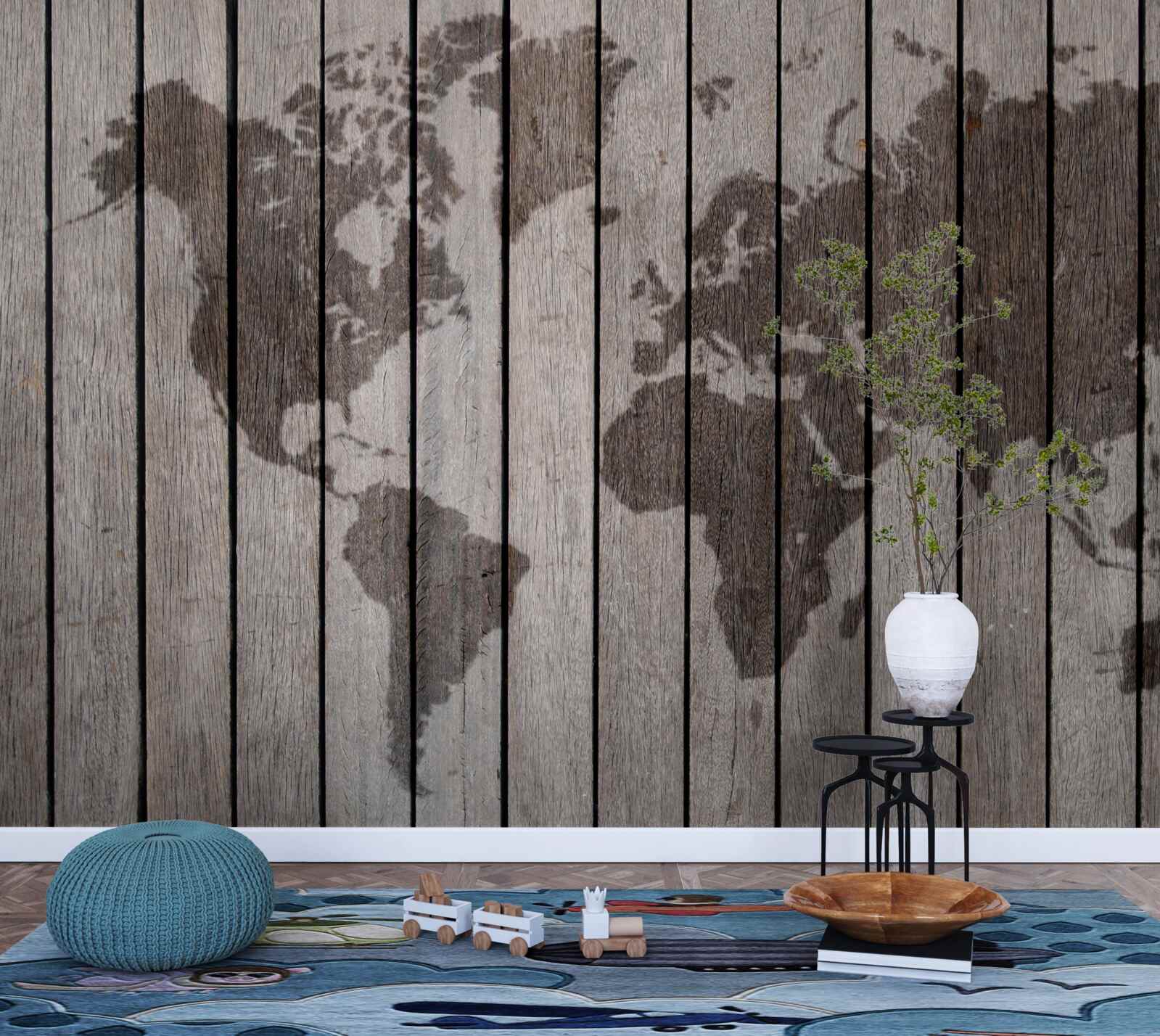 Papier peint carte du monde sur planches en bois