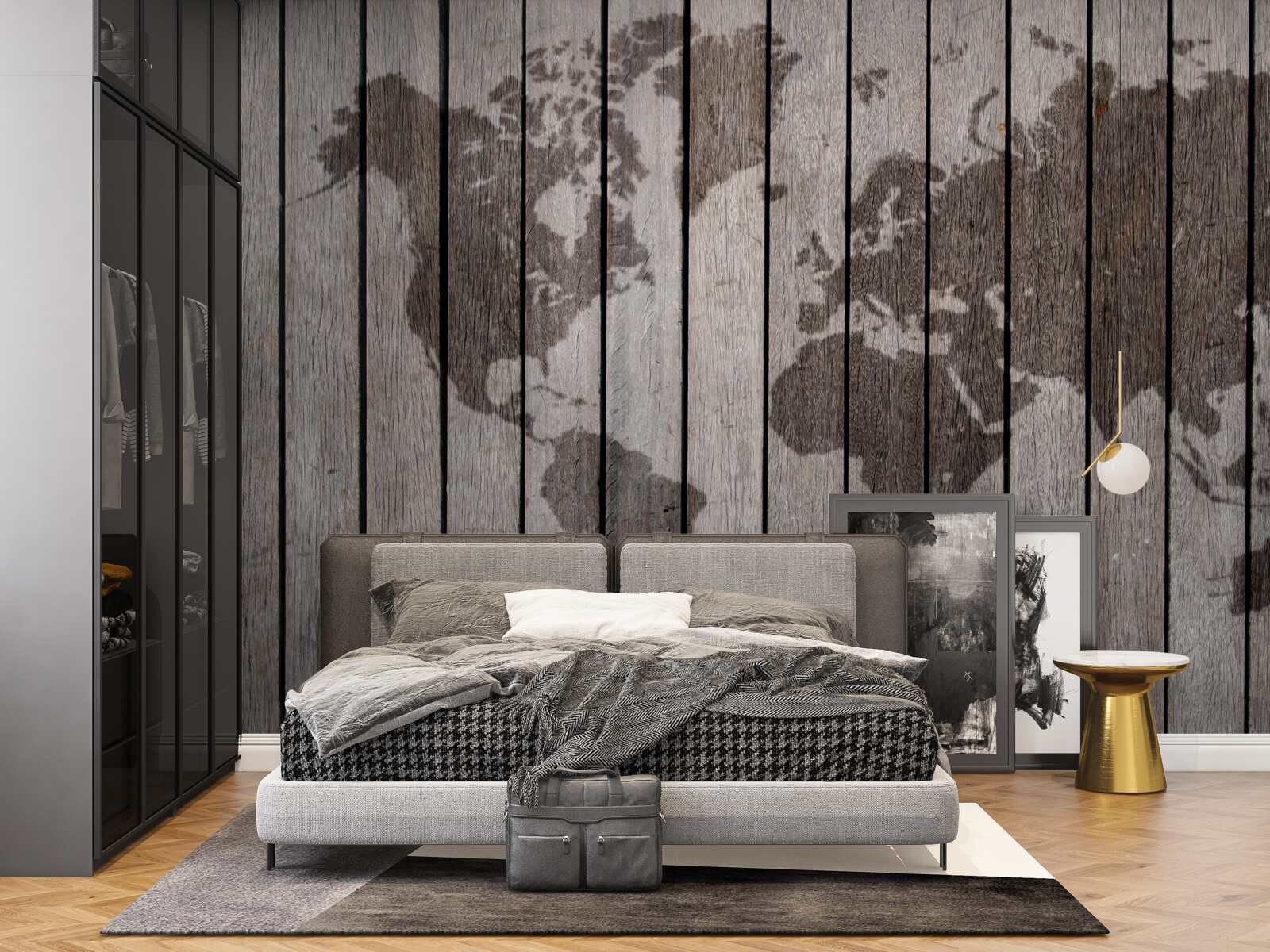 Papier peint carte du monde sur planches en bois