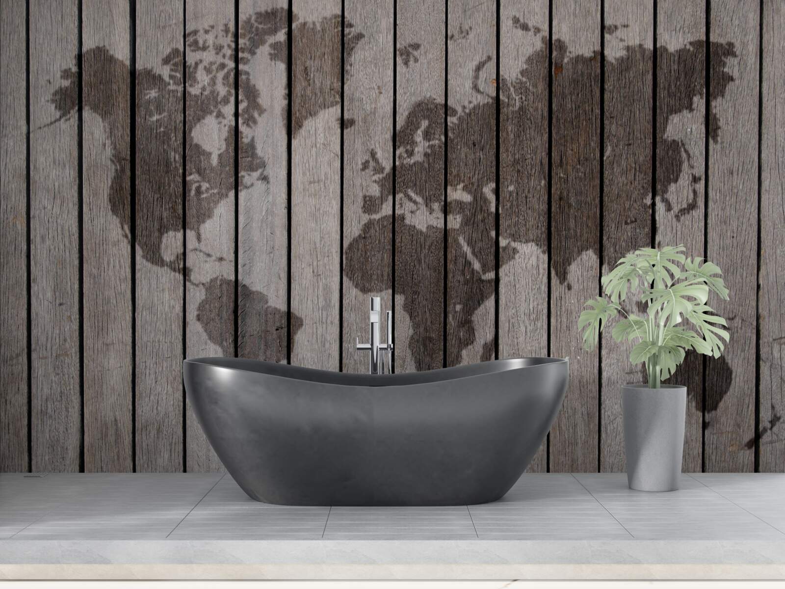 Papier peint carte du monde sur planches en bois