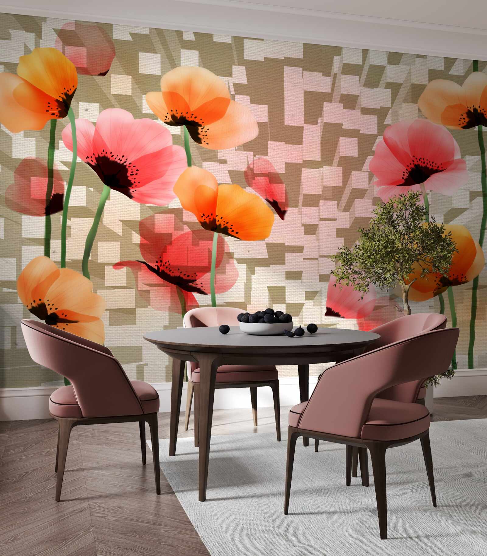 Papier peint ensemble de coquelicots roses et pêches