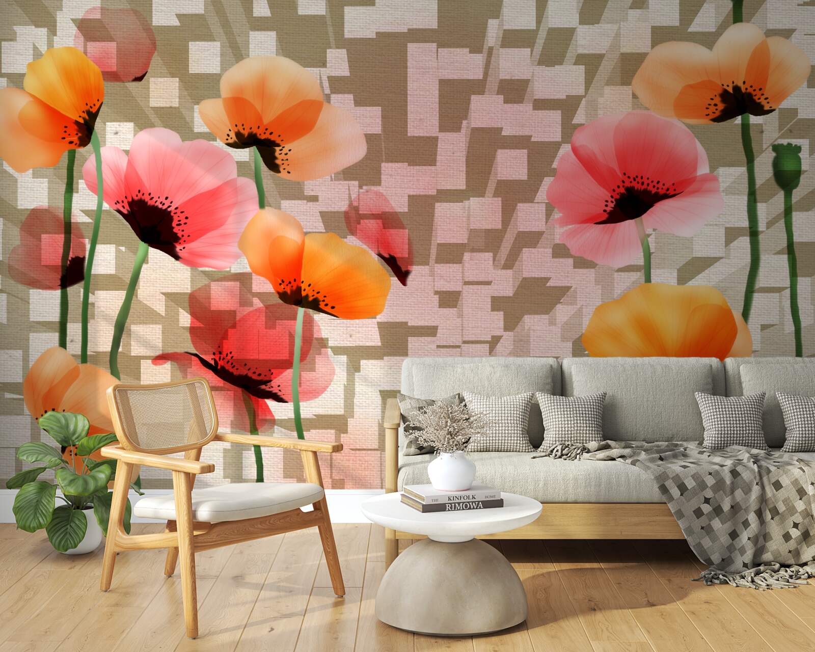 Papier peint ensemble de coquelicots roses et pêches