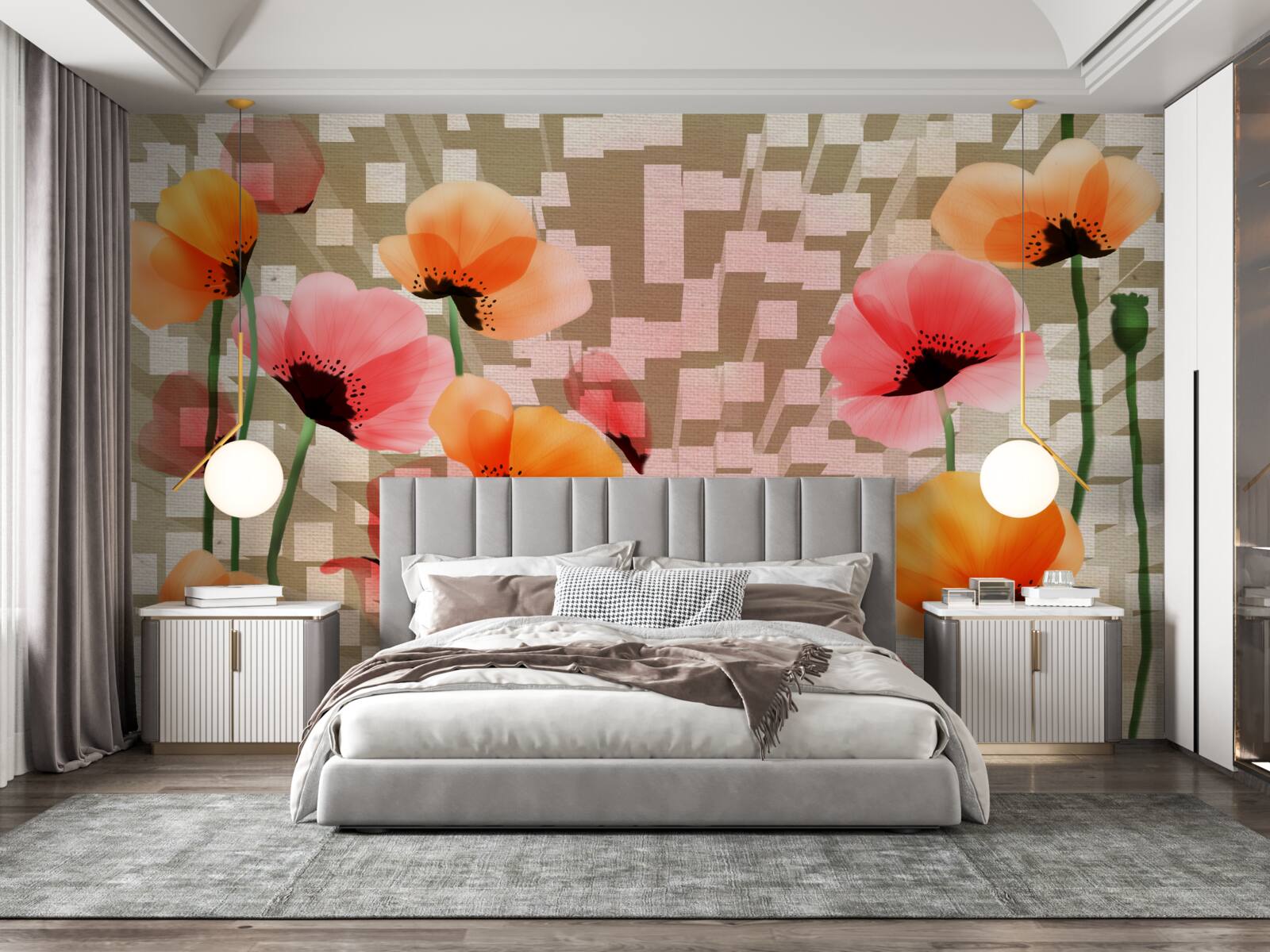 Papier peint ensemble de coquelicots roses et pêches