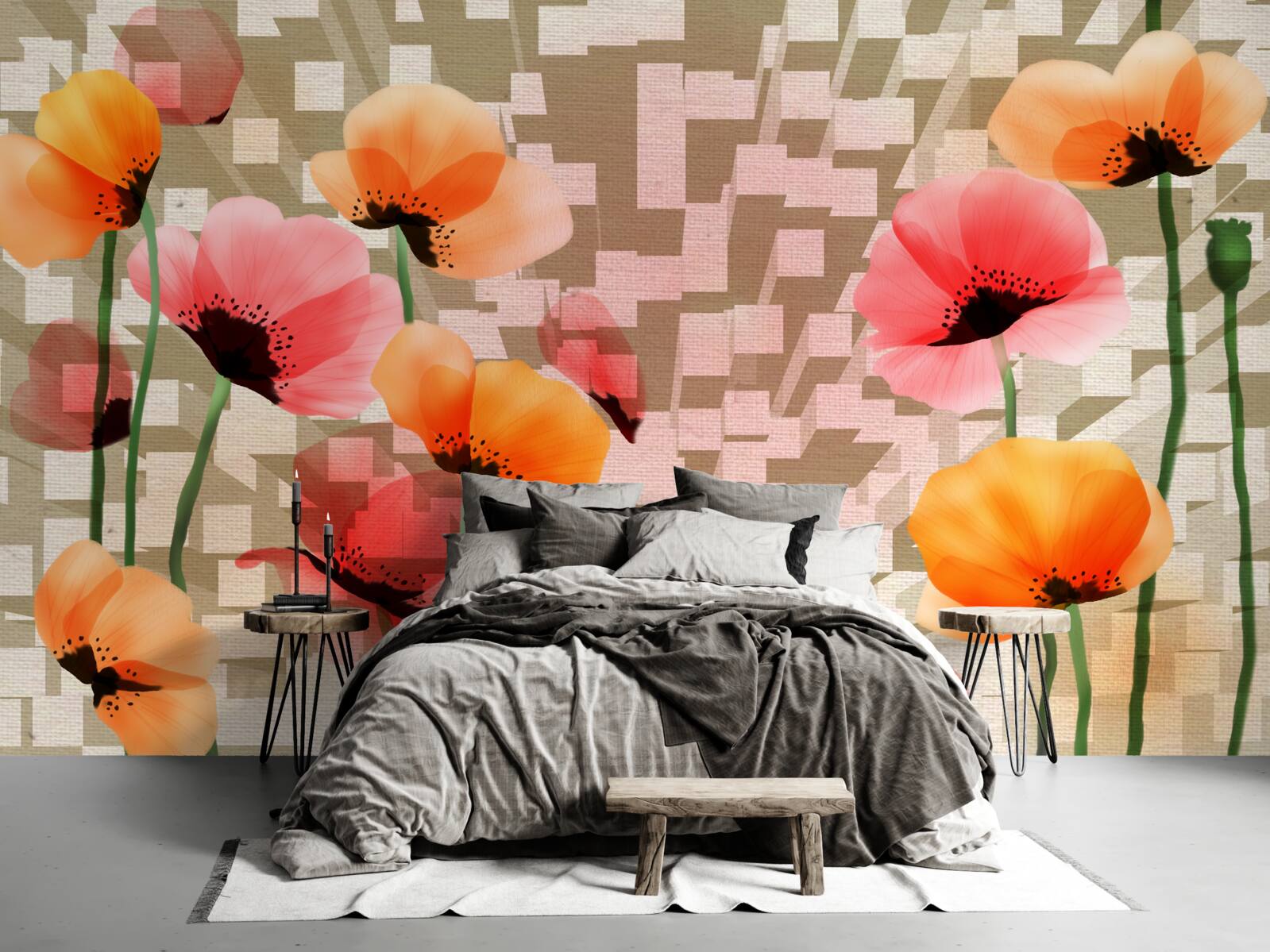 Papier peint ensemble de coquelicots roses et pêches