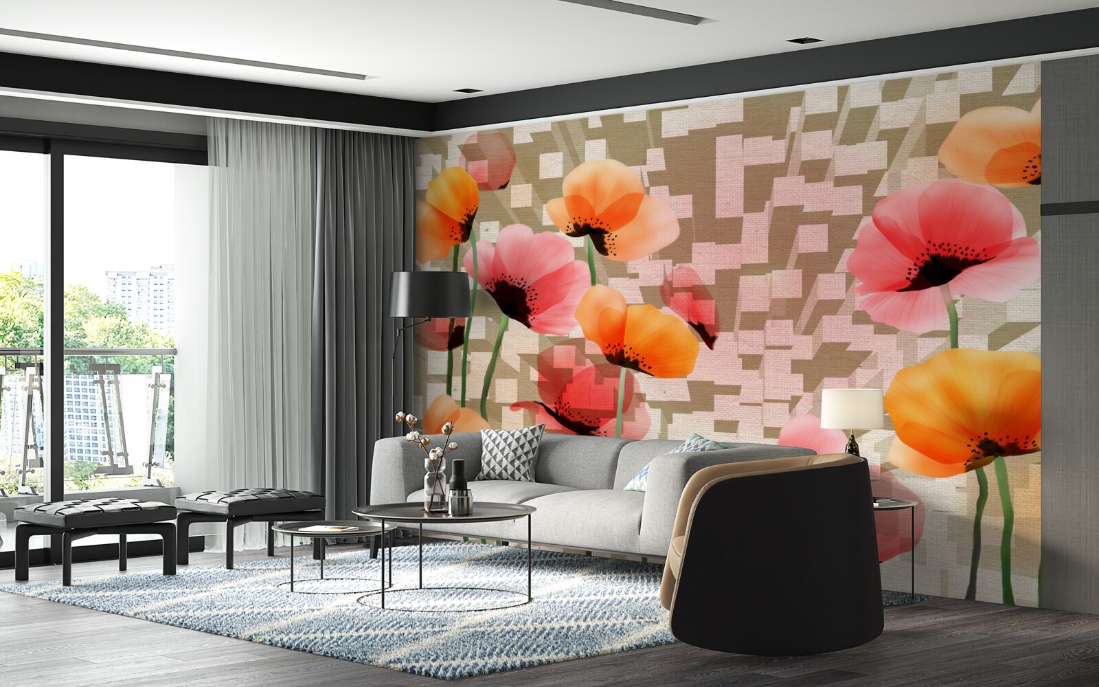 Papier peint ensemble de coquelicots roses et pêches