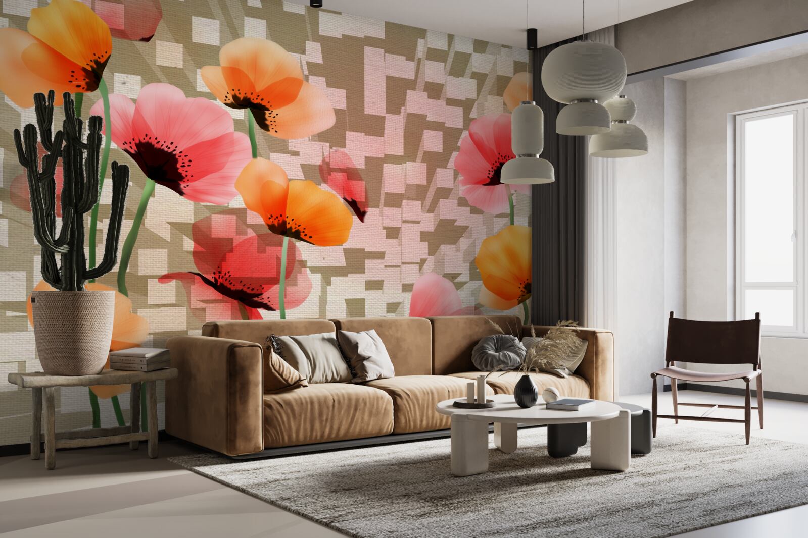 Papier peint ensemble de coquelicots roses et pêches