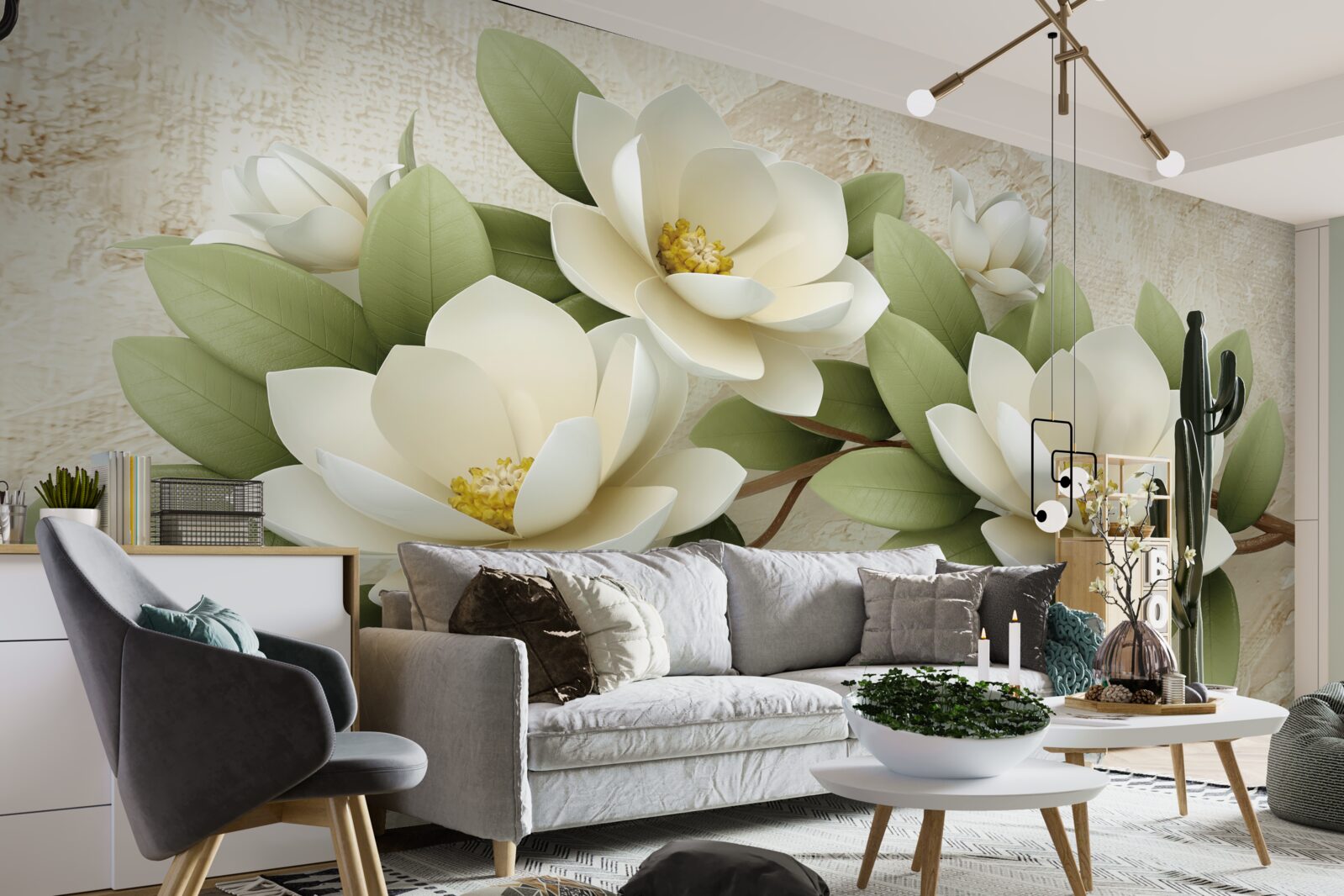 Papier peint trois grands lotus blancs comme neige