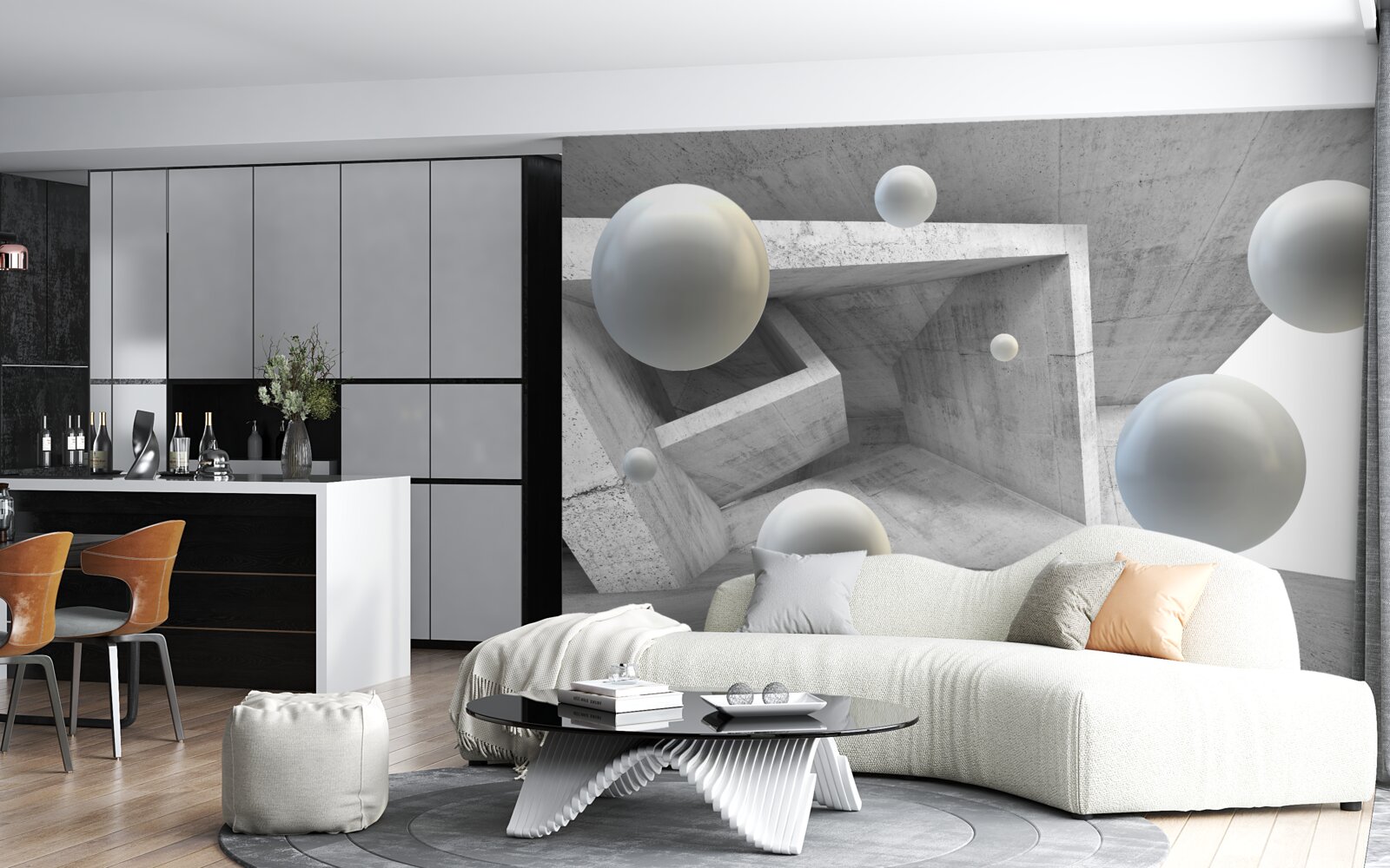 Papier peint tunnel de forme géométrique et objets sphériques