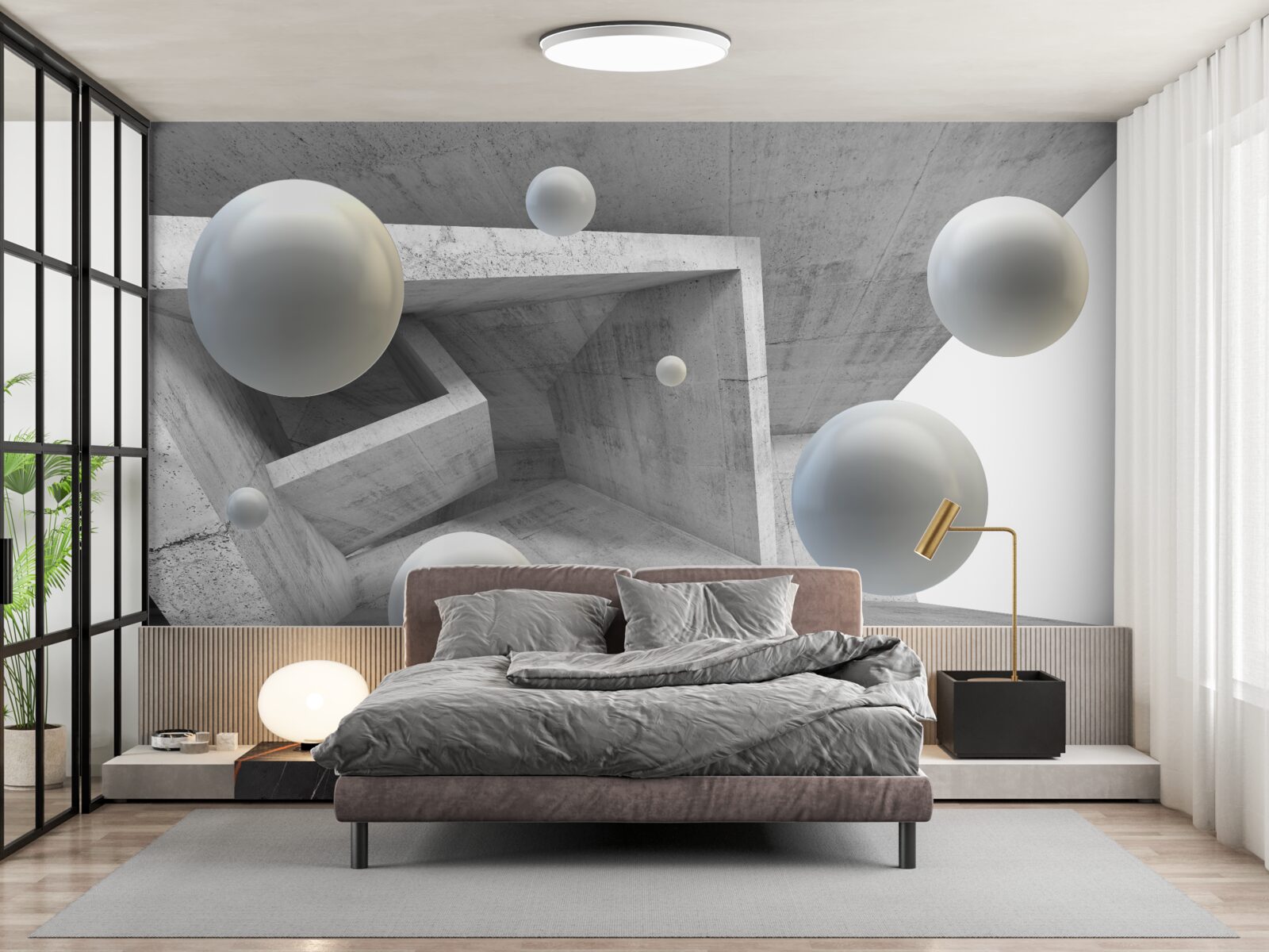 Papier peint tunnel de forme géométrique et objets sphériques