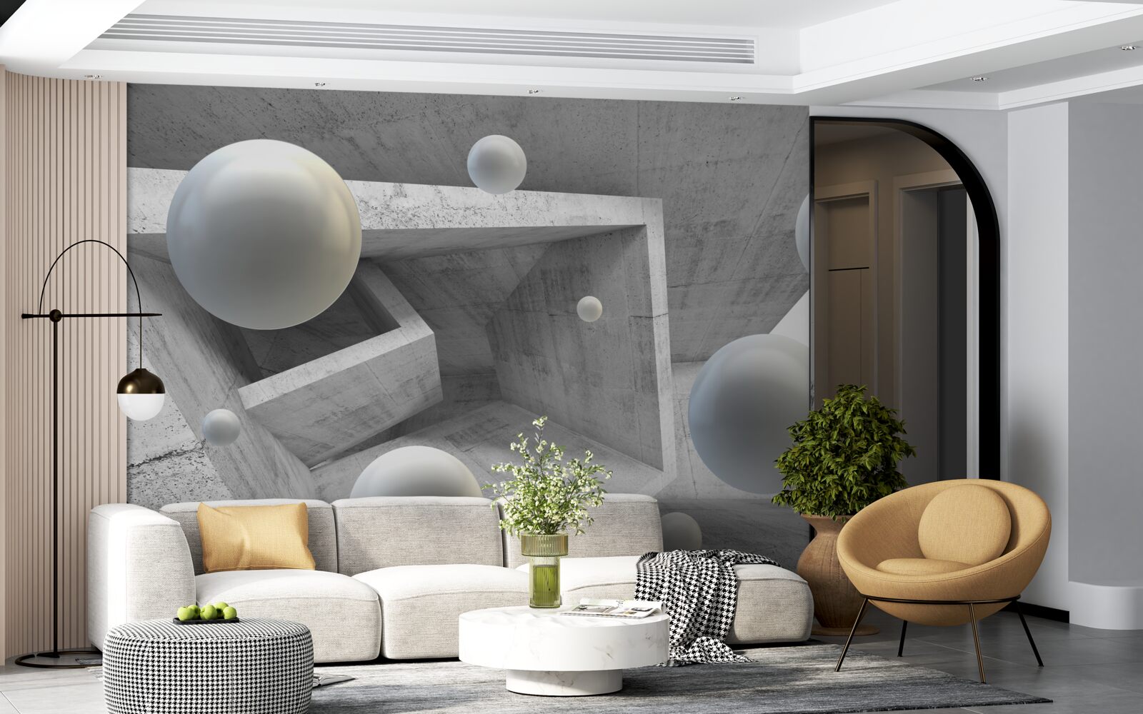 Papier peint tunnel de forme géométrique et objets sphériques