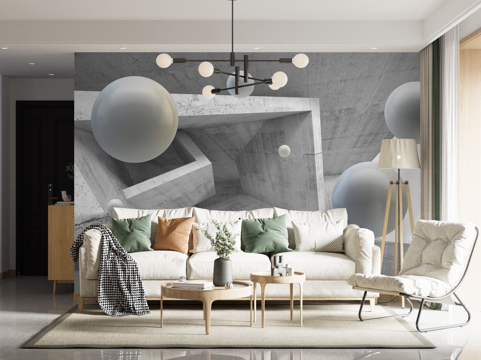 Papier peint tunnel de forme géométrique et objets sphériques