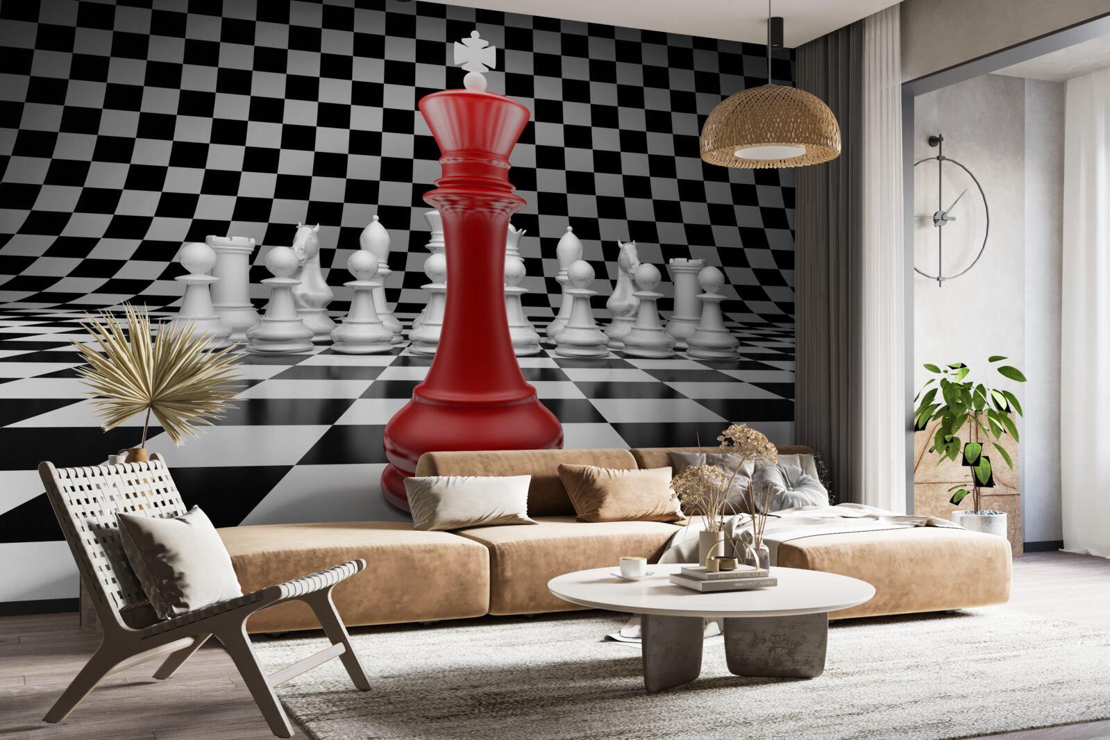 Papier peint reine d'échiquier en rouge