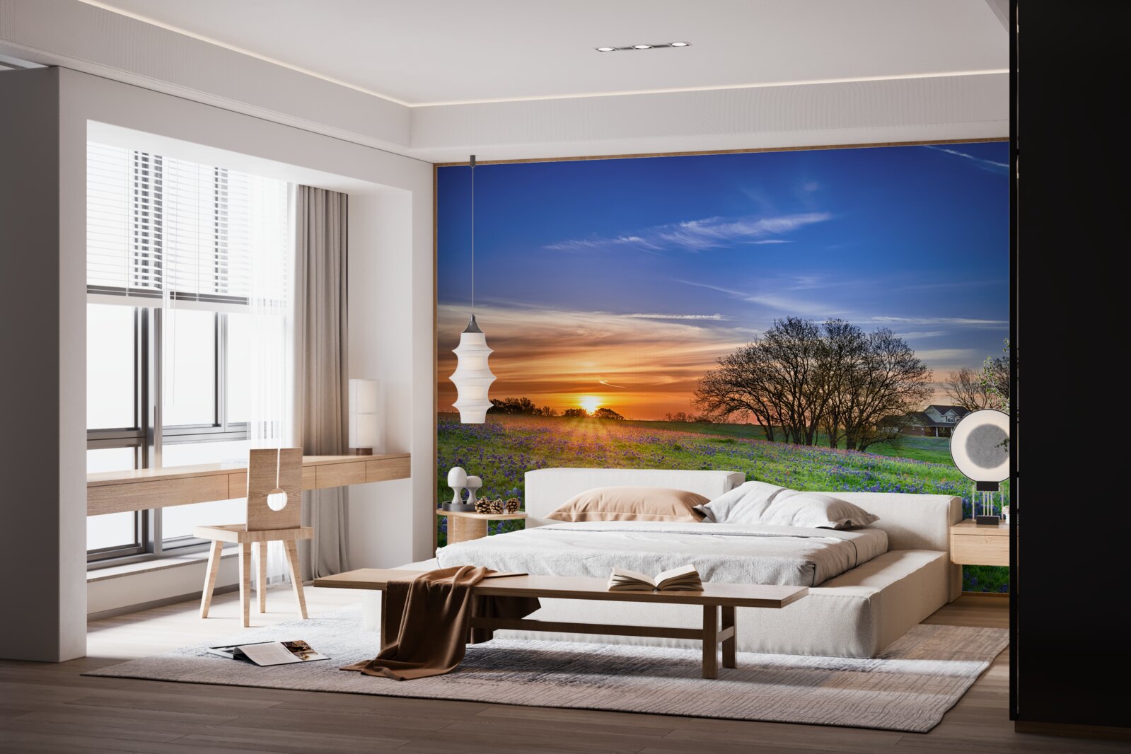 Papier peint le soleil se couche sur un champ de fleurs