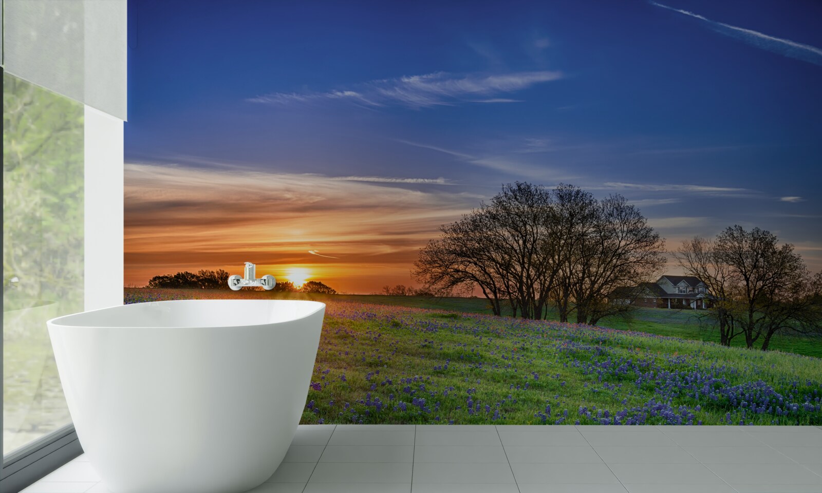 Papier peint le soleil se couche sur un champ de fleurs