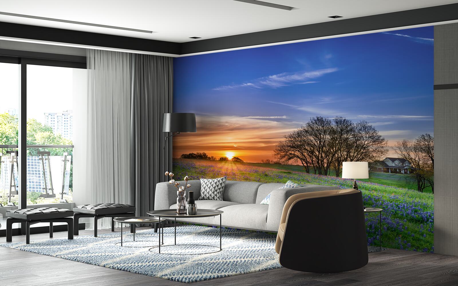 Papier peint le soleil se couche sur un champ de fleurs