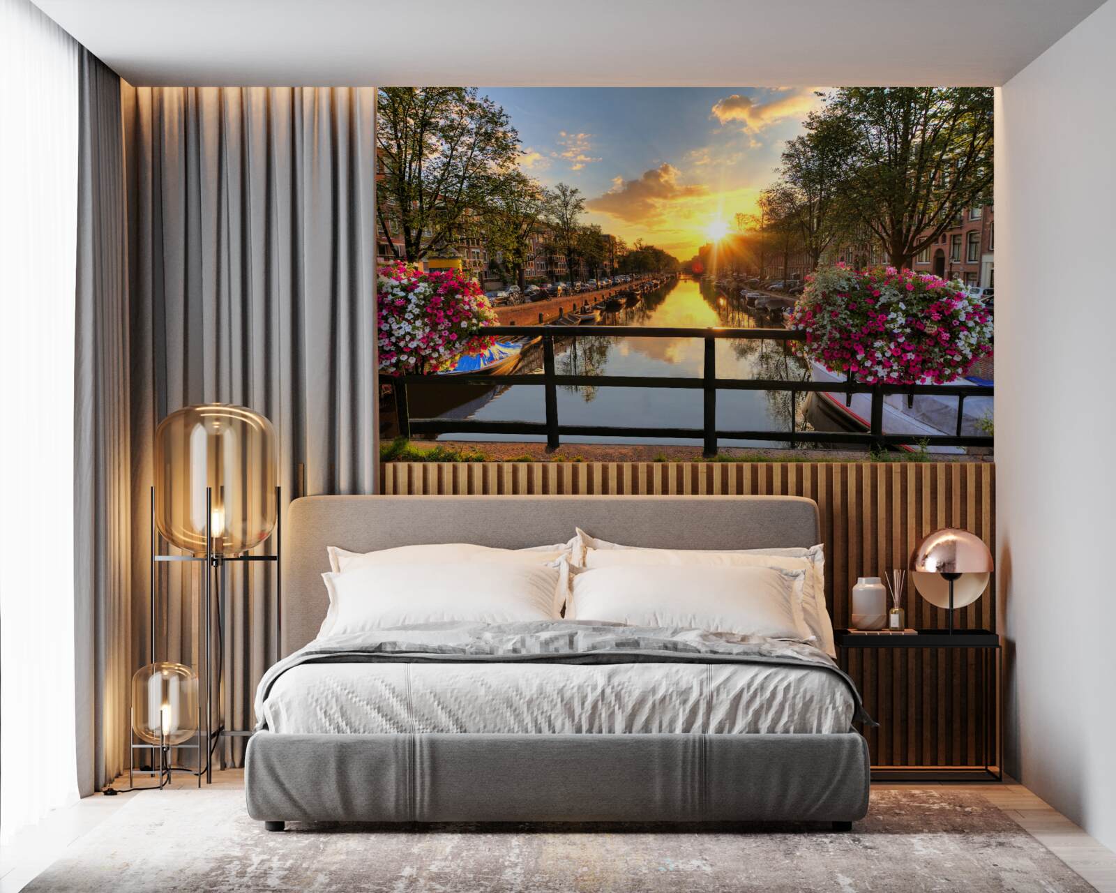 Papier peint regarder le coucher de soleil depuis un pont à amsterdam