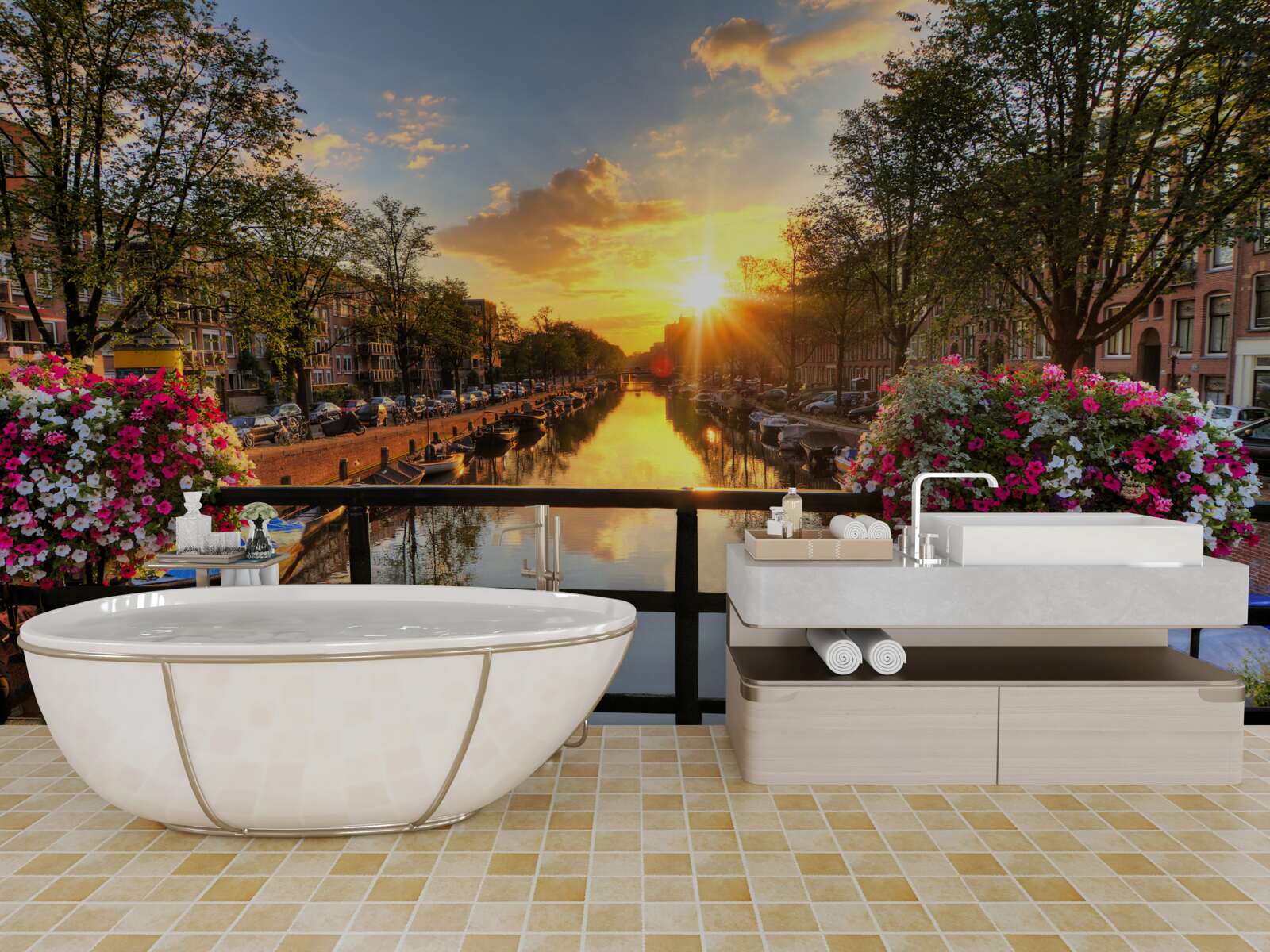 Papier peint regarder le coucher de soleil depuis un pont à amsterdam