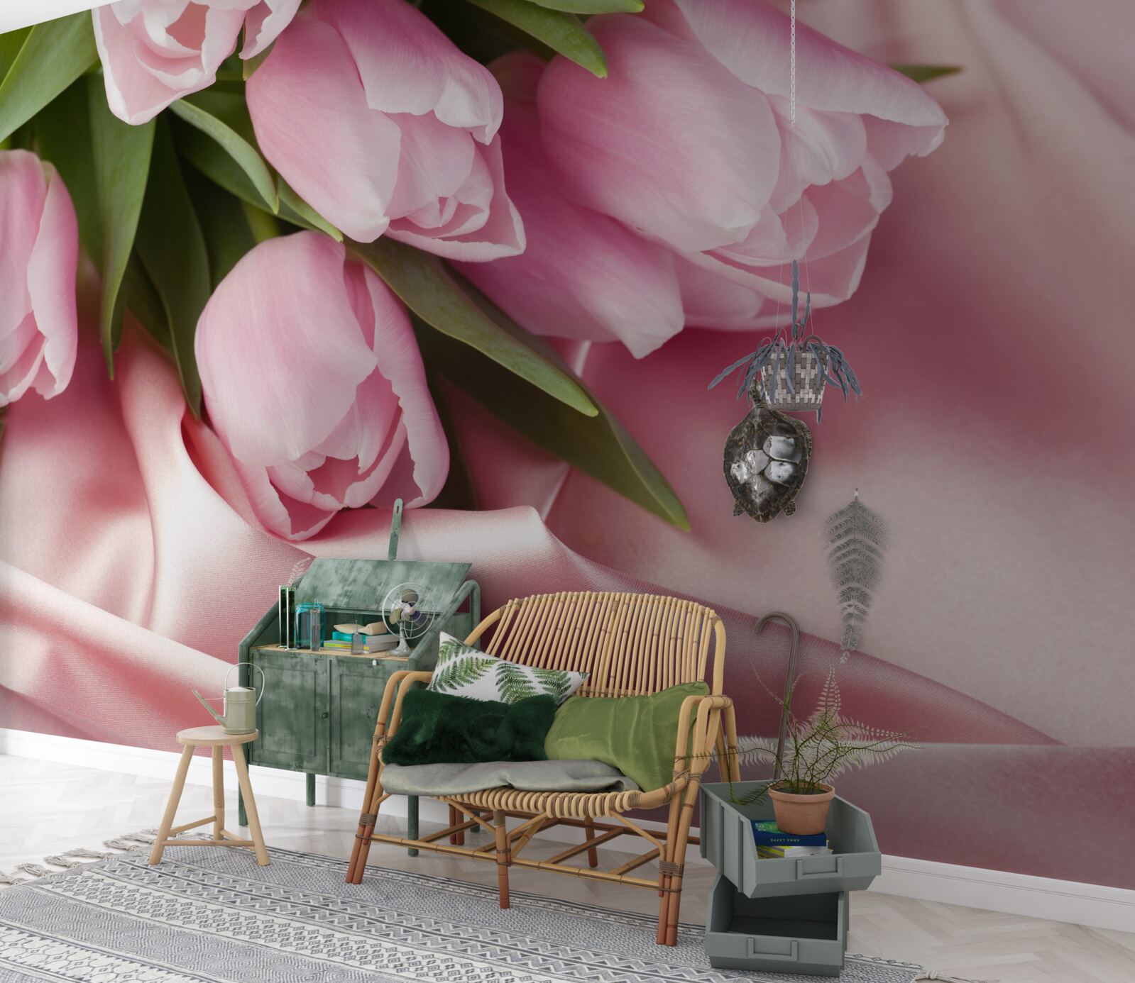 Papier peint tulipes roses sur fond de soie