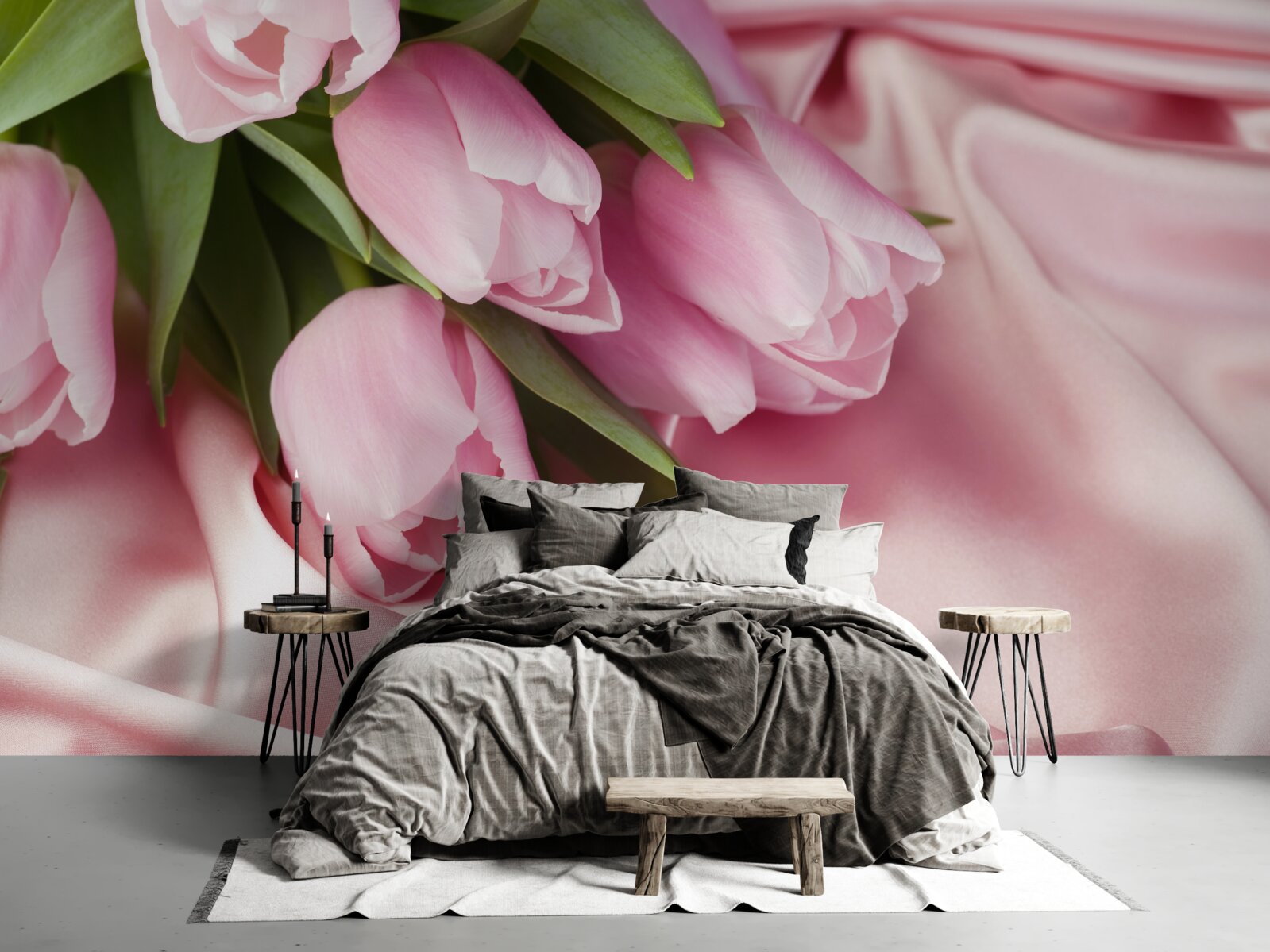 Papier peint tulipes roses sur fond de soie