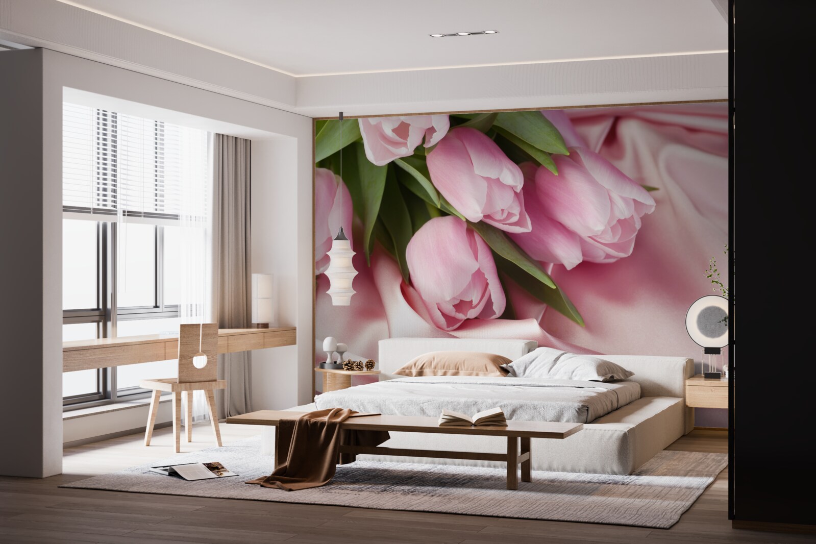 Papier peint tulipes roses sur fond de soie