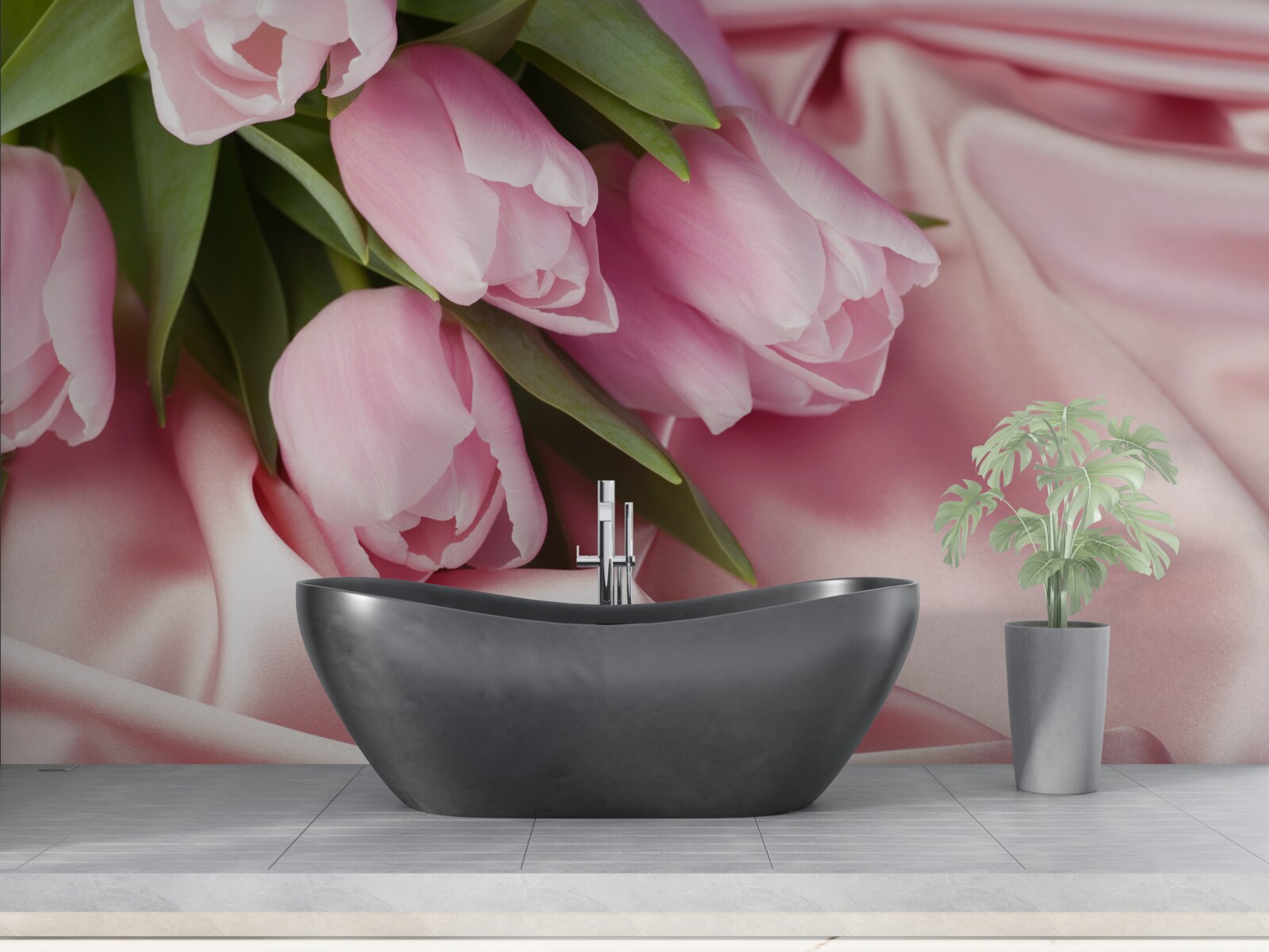 Papier peint tulipes roses sur fond de soie