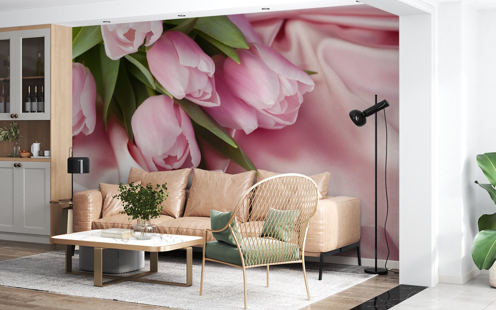 Papier peint tulipes roses sur fond de soie